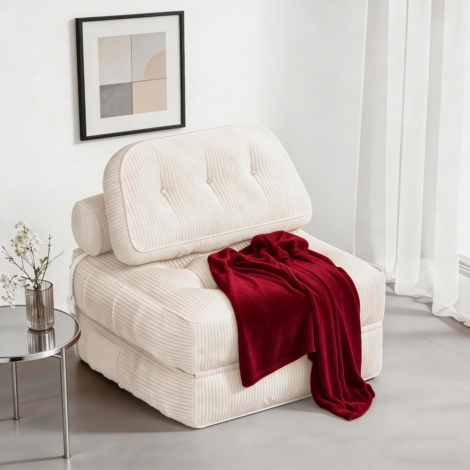 Folding Sofa Bed Flannel Futon Couch Bed W/ Pillow & Blanket Convertible Sleeper