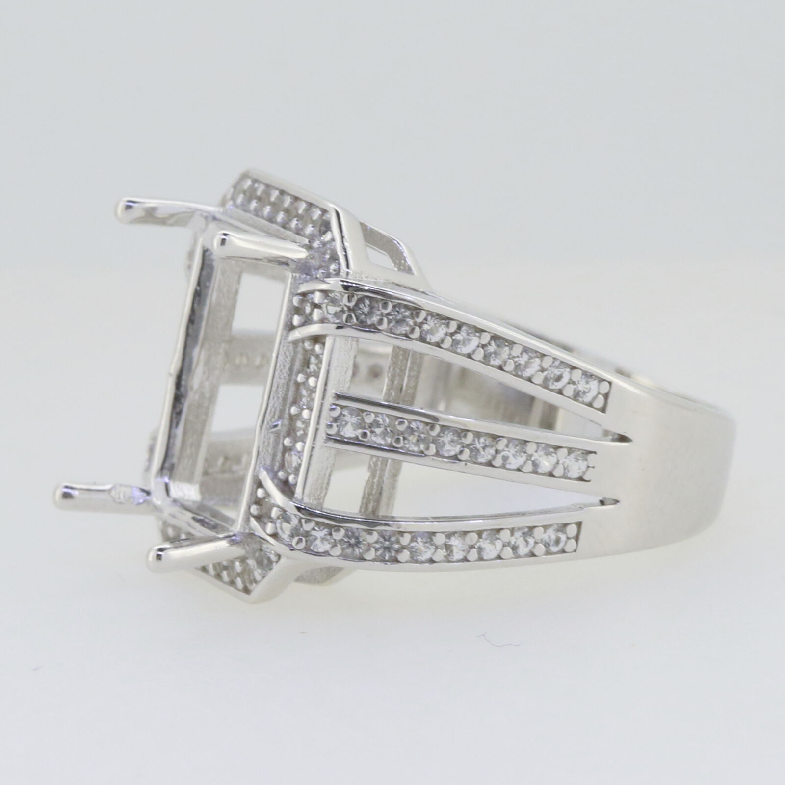 Sterling Silver Semi Mount Ring Setting Emerald OCT 14x10mm Halo Split Shank