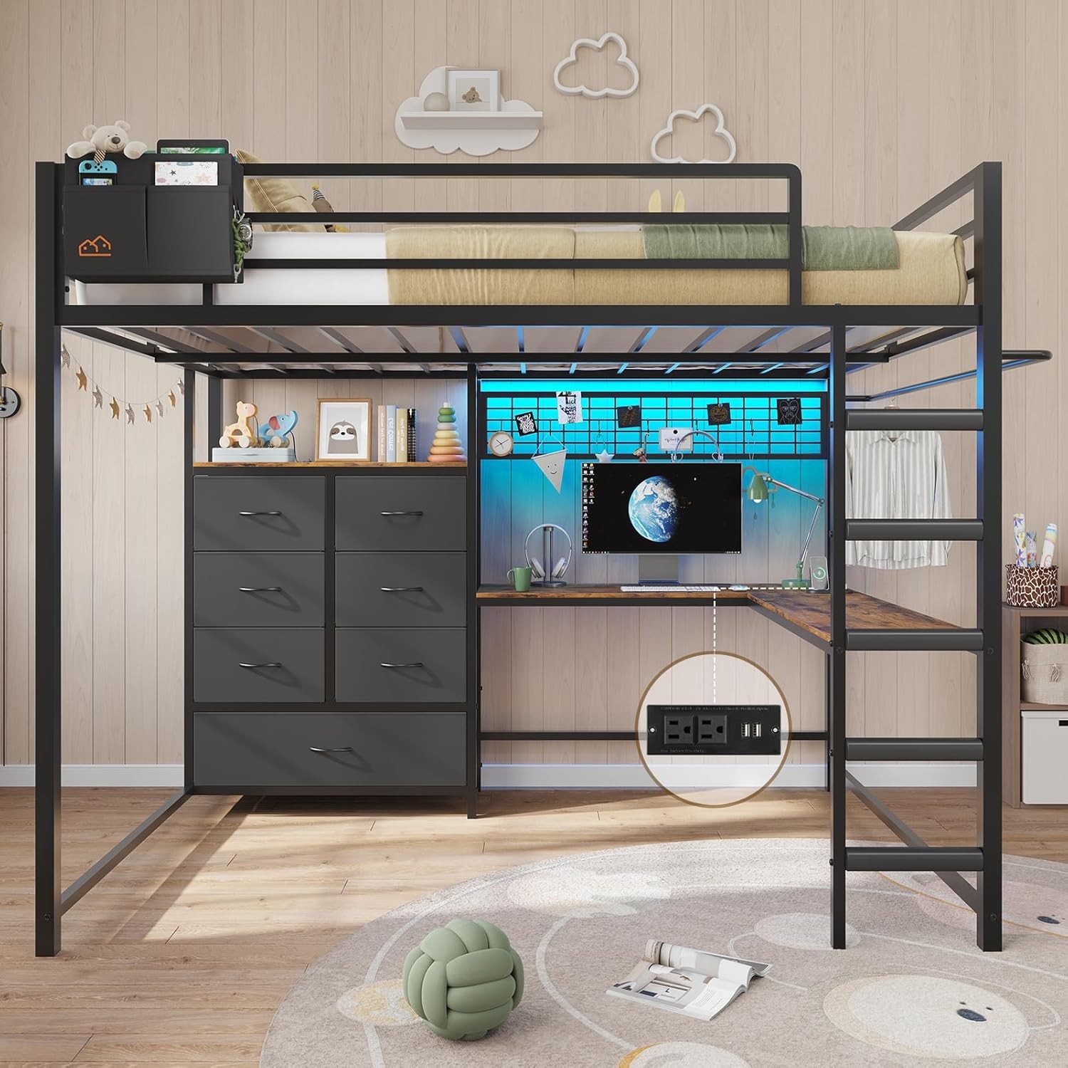 DICTAC Full Loft Bed with L-Shaped Desk and 7 Storage Drawers,Metal Full Size Lo