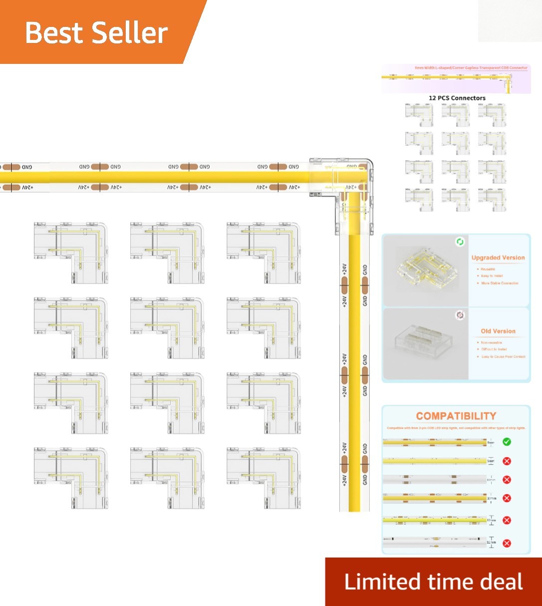12PCS Solderless 8mm L-Shaped COB LED Strip Connectors for Seamless Lighting