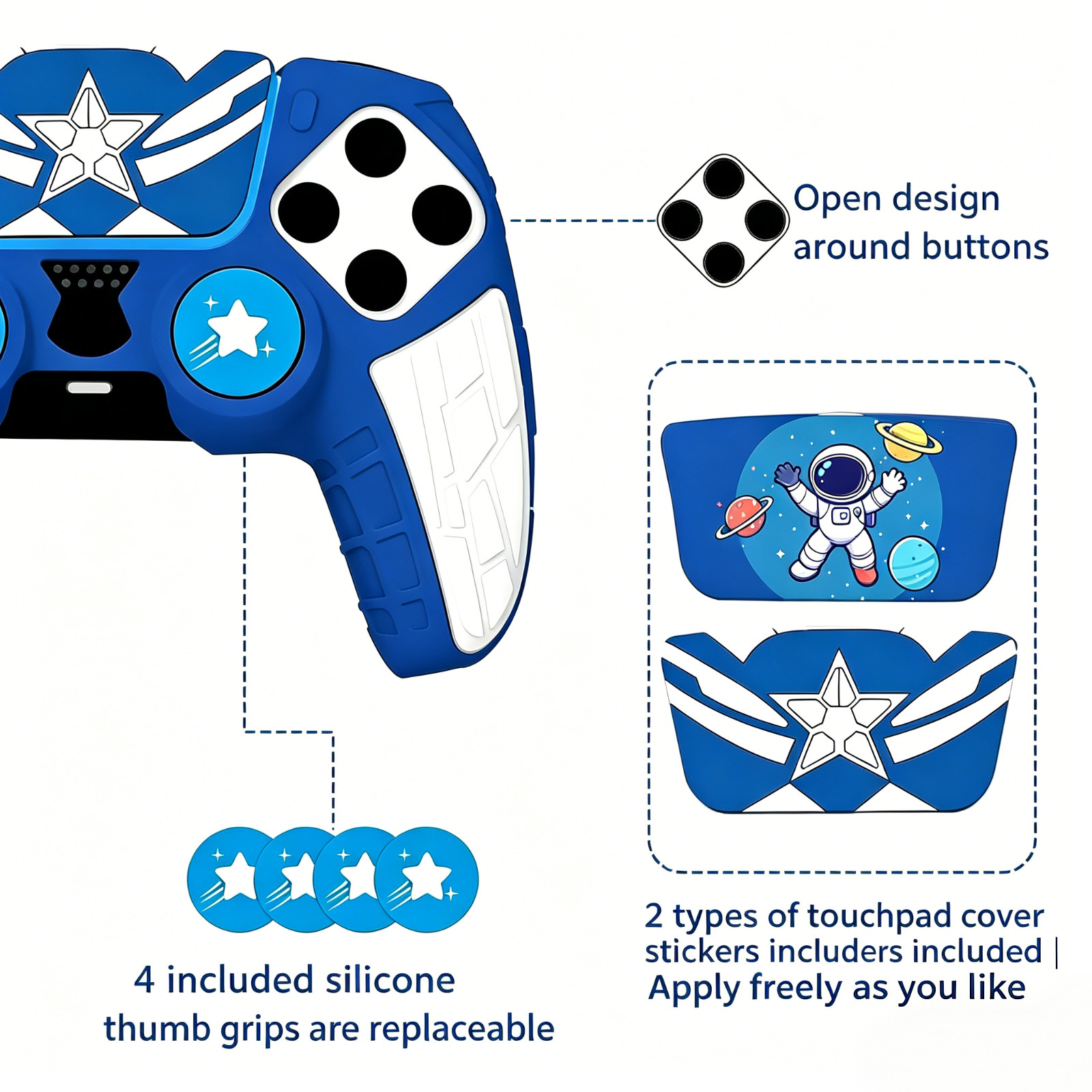 PS5 Controller Silicon Cover (Blue & White) with 4 Grip Caps, 2 Stickers