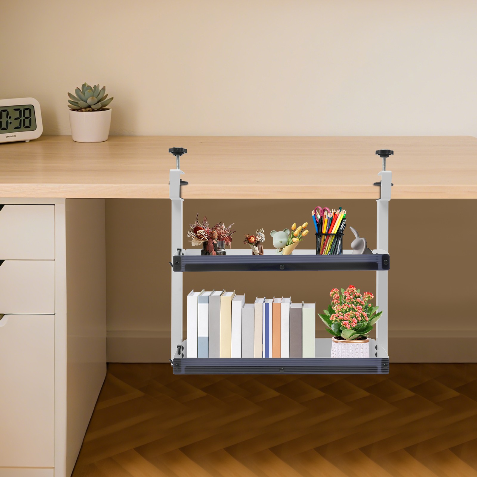 Modern Countertop Desk Shelf 2 Tier Shelving With Adjustable Storage Tray White