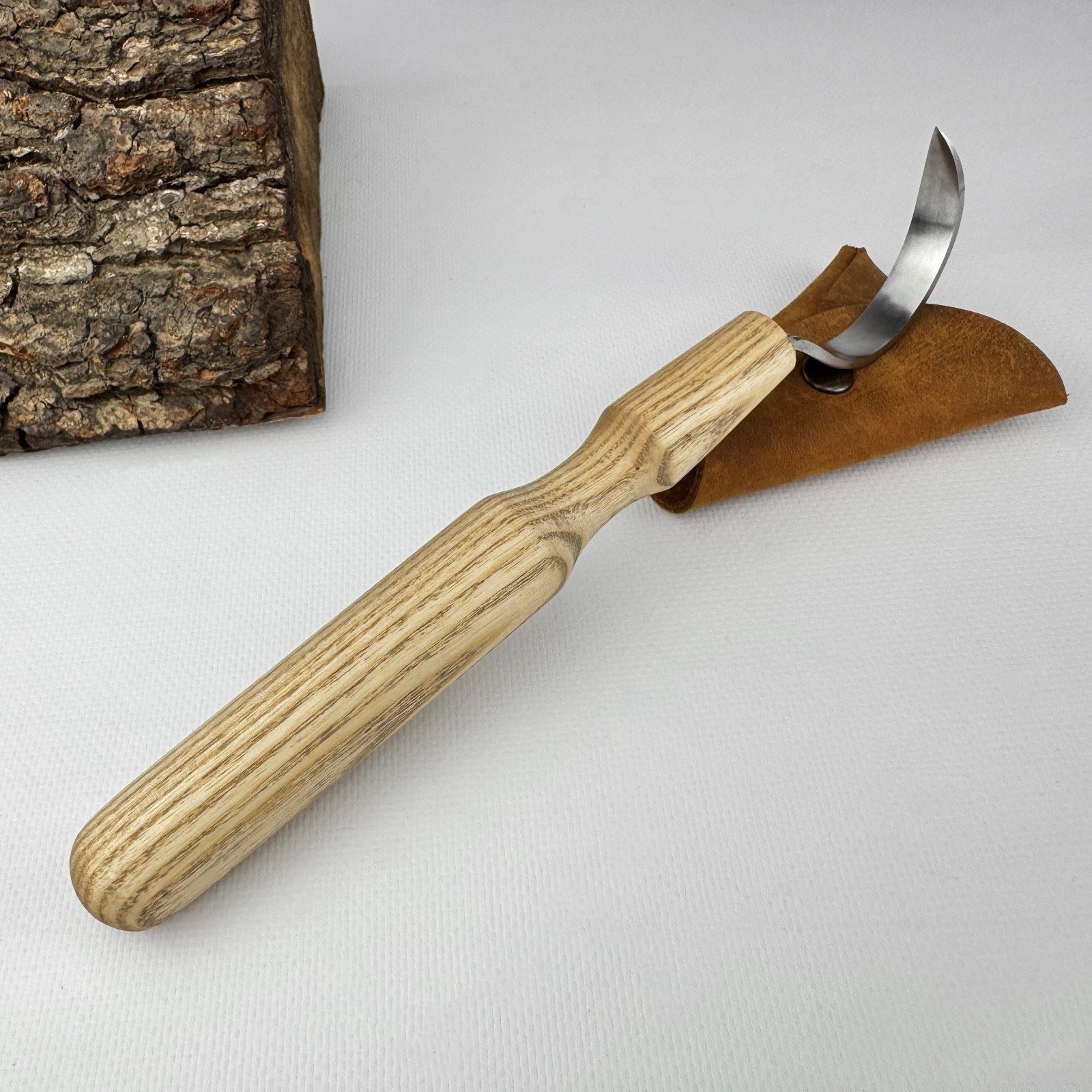Long Hook Knife – Hand-Forged 52100 Steel, Ash Handle, Sheath, For Spoon Work