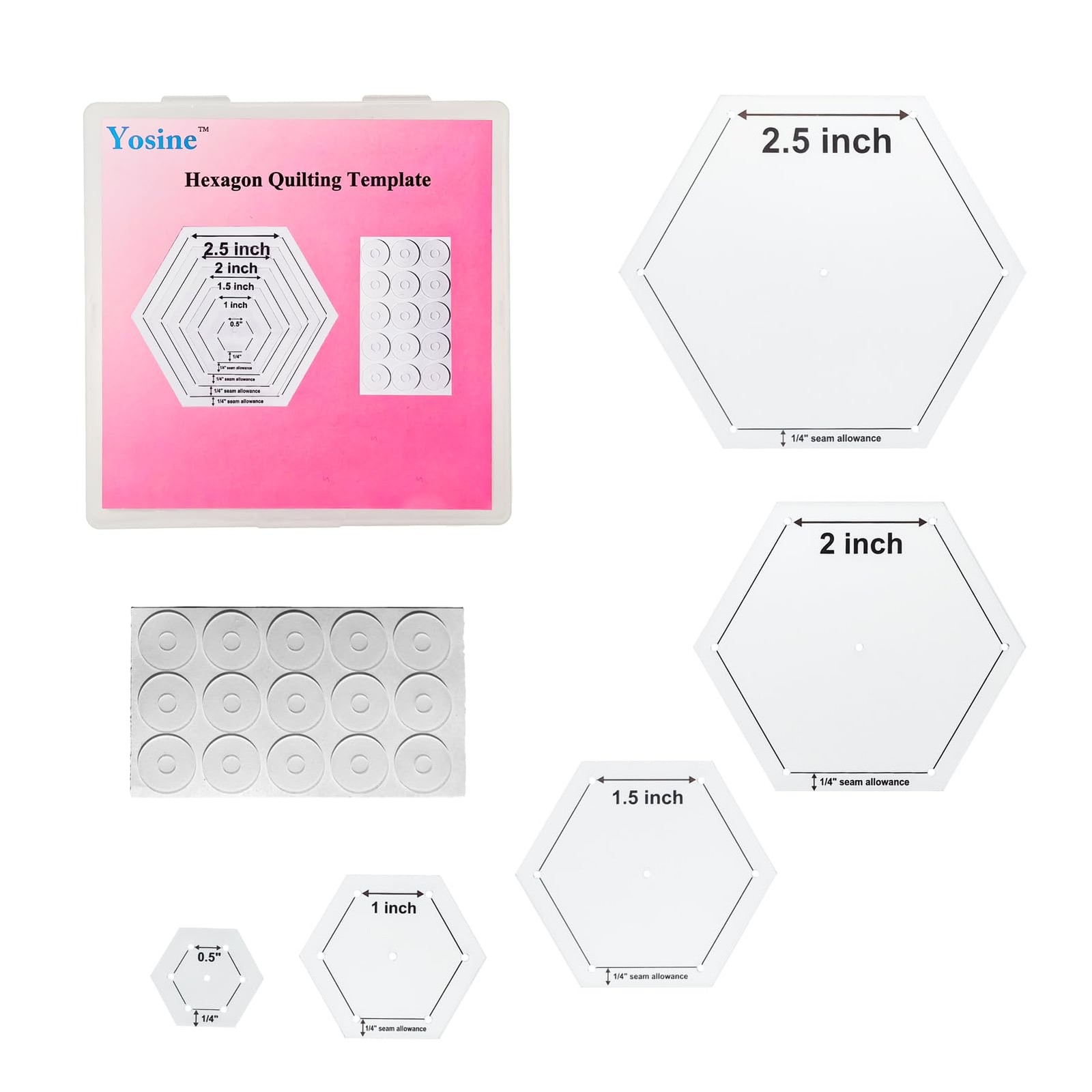 5 Sizes Hexagon Quilting templates for Quilting with 1/4 Seam Allowance,0.5 Inch