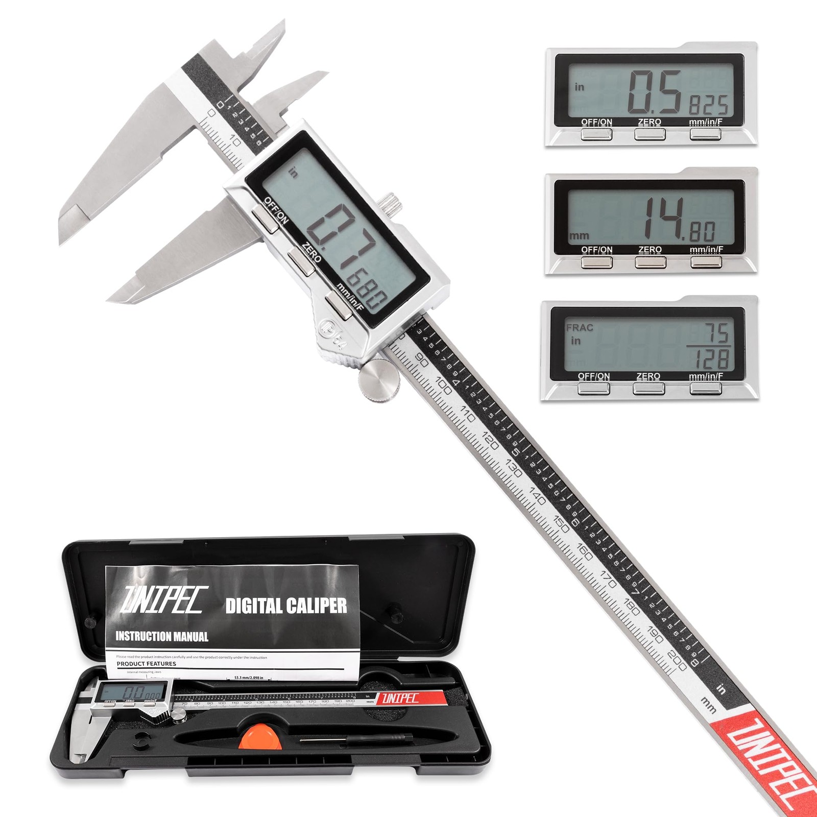 Digital Caliper 8 Inch IP54 Stainless Steel Large LCD Inch Metric Fraction