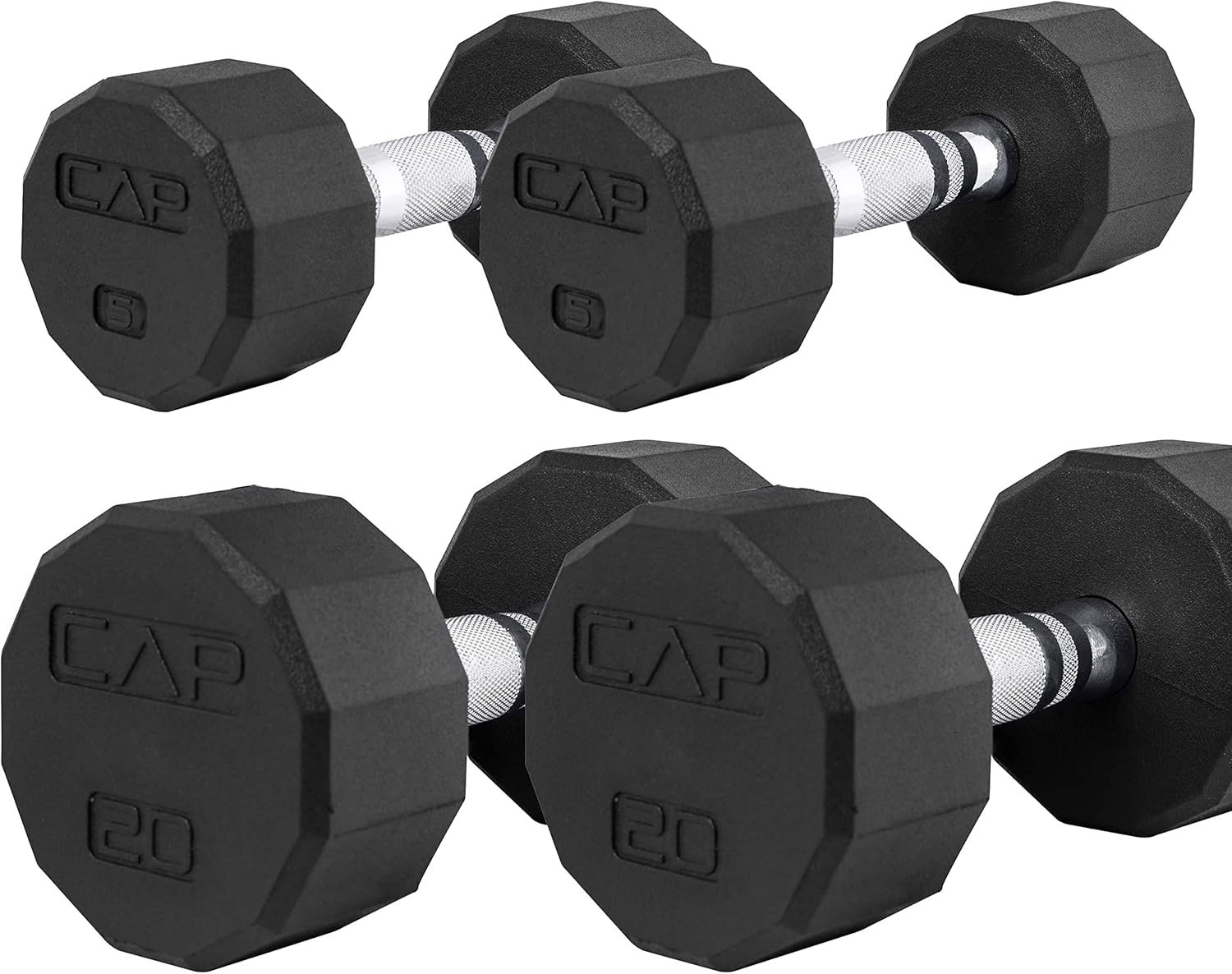 Set of 4 CAP Barbell 50 lbs Coated 12 Sided Dumbbells Black Handles 5LBx2 20lbx2