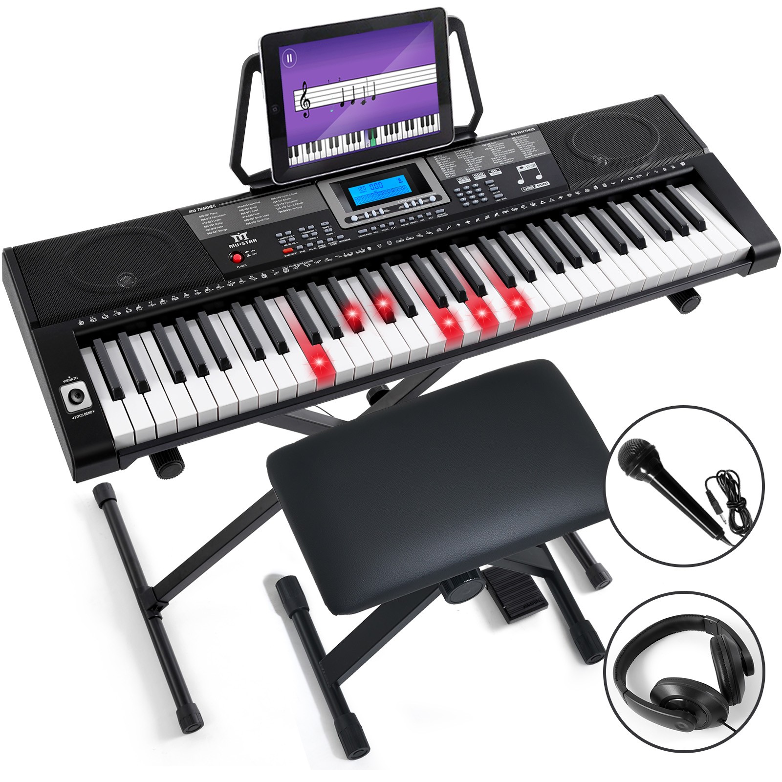 61Key Lighted Up Piano Keyboards w/Stool,Stand,USB,LCD Screen,Headset,Microphone