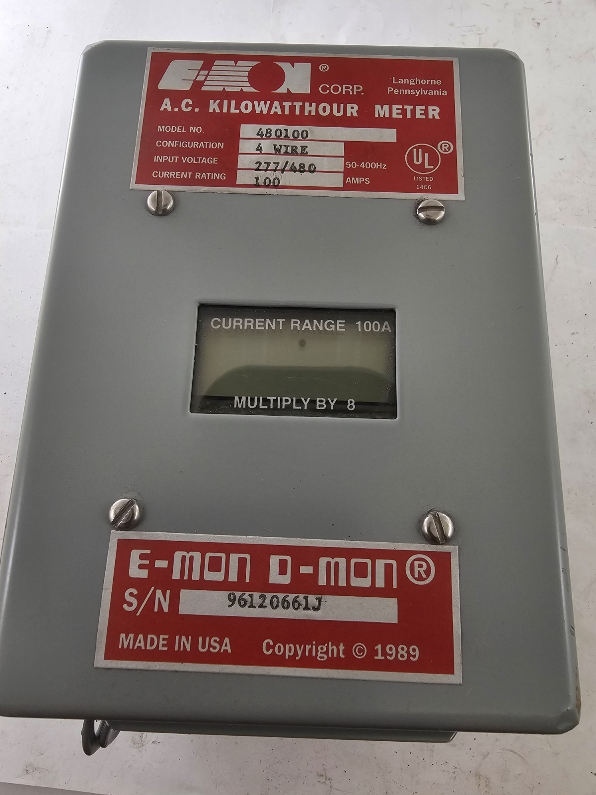 E-Mon D-Mon 480100 AC KWH Meter 277/480V 100A w/ 3 Split-Core Current Sensors