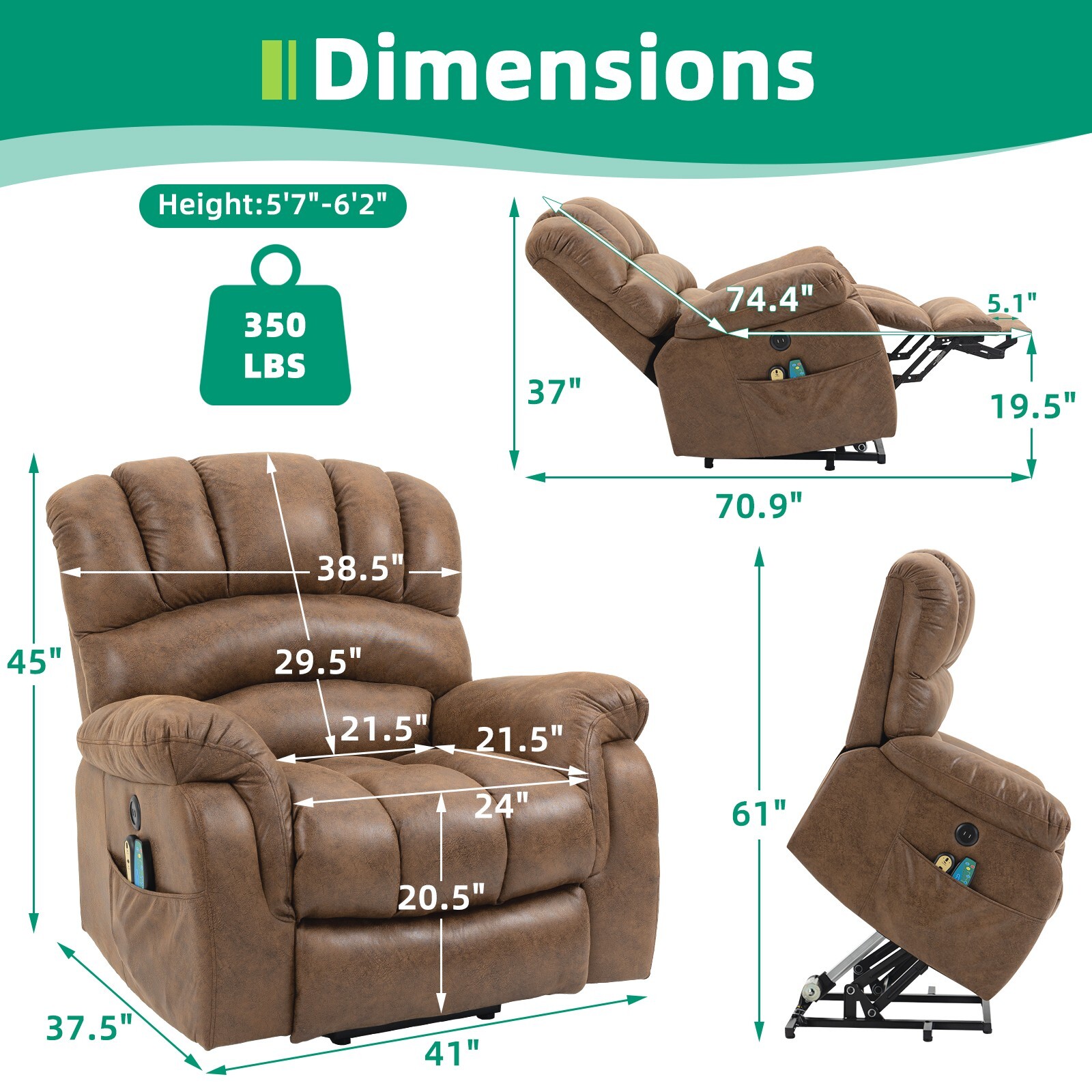Large Power Lift Recliner Chair w/ Heat Massage & Extended Footrest for Tall Man