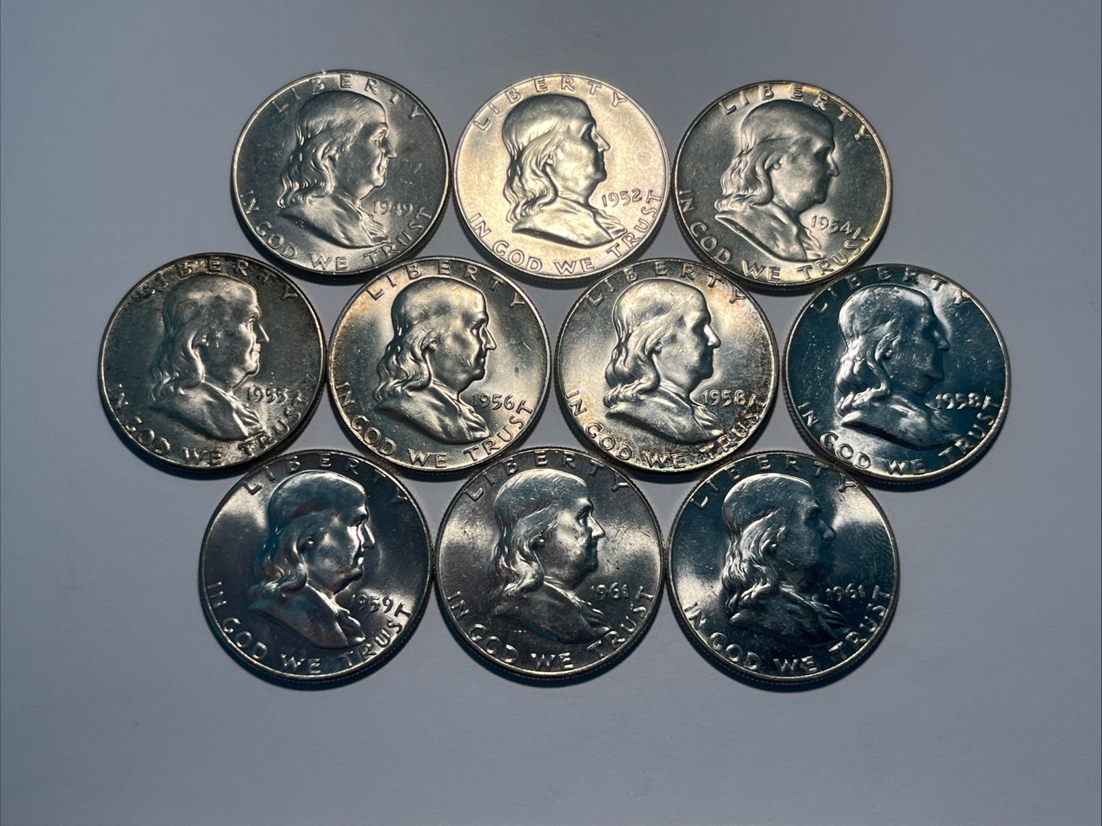 Lot of 10 Franklin Half Dollars, All Philadelphia, 1949-1961 US 50c Silver Coins