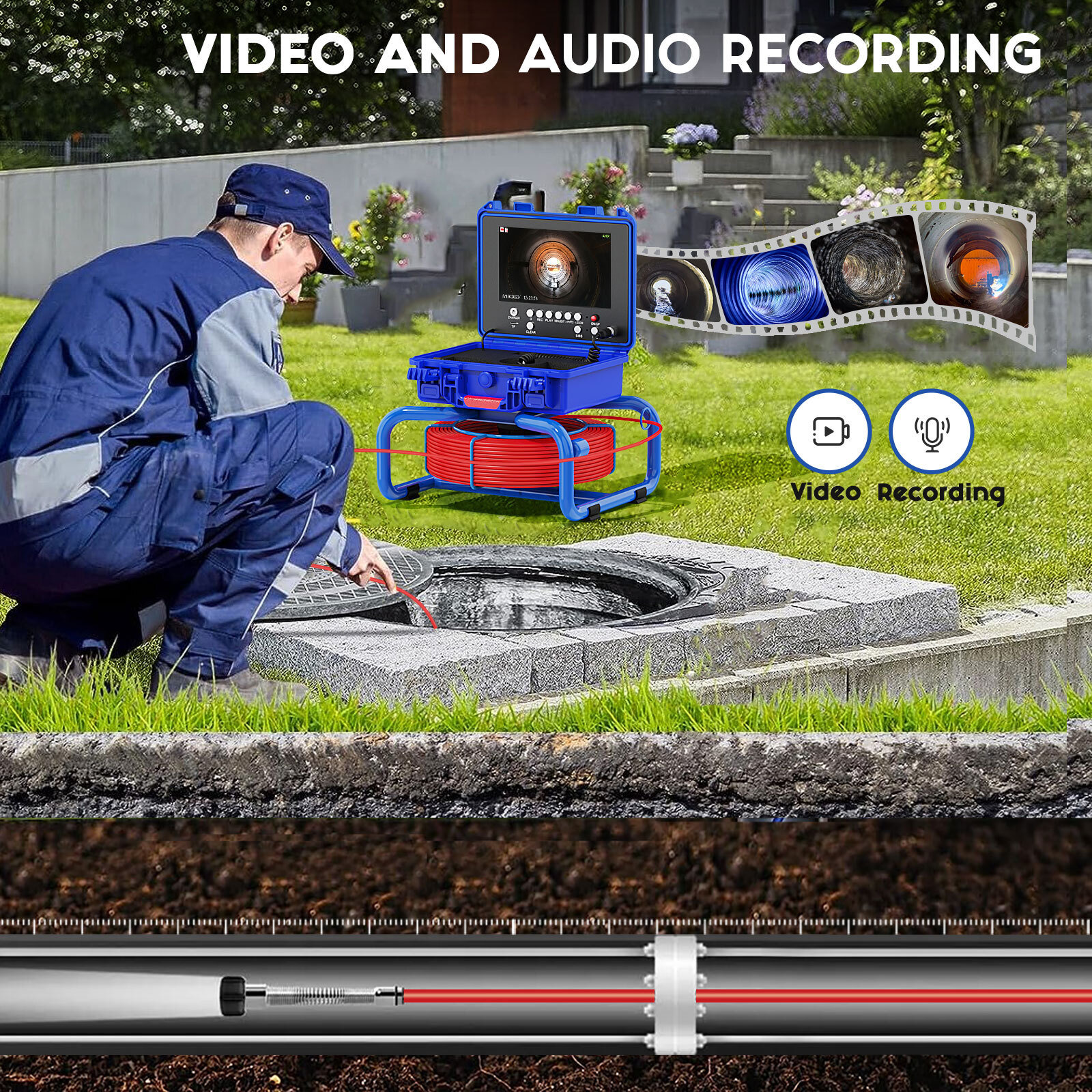 40M Sewer Camera 512hz Pipe Inspection Camera Self-leveling 9" Meter Counter DVR