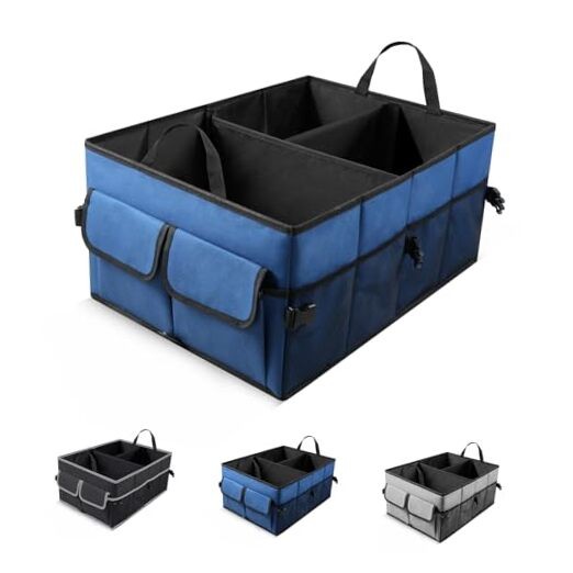 Auto Collapsible Trunk Organizer, 3 Large Compartments and 6 Pockets Dark Blue