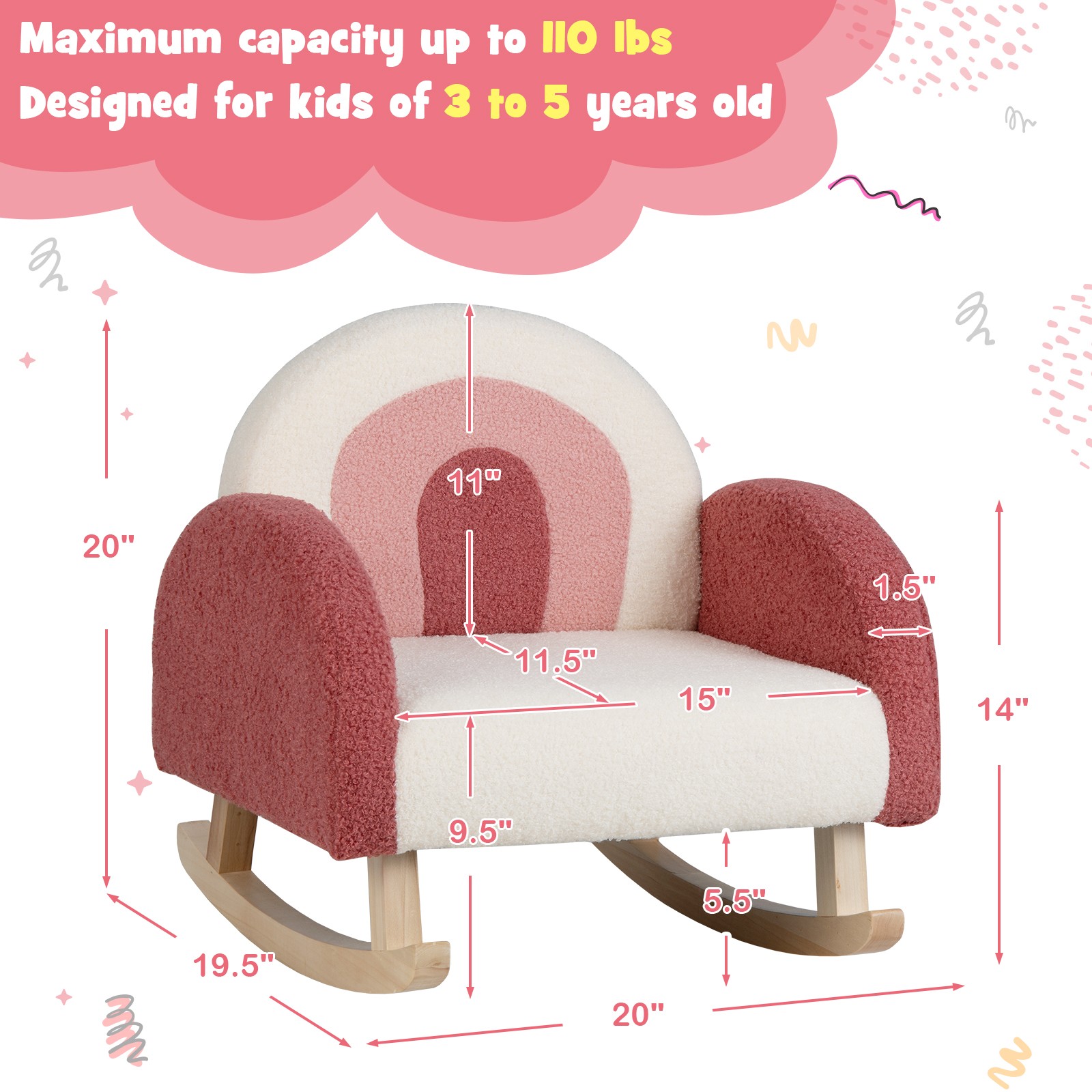 Kids Rocking Sofa Chair w/ Ergonomic Backrest & Armrests & Solid Wood Legs Red