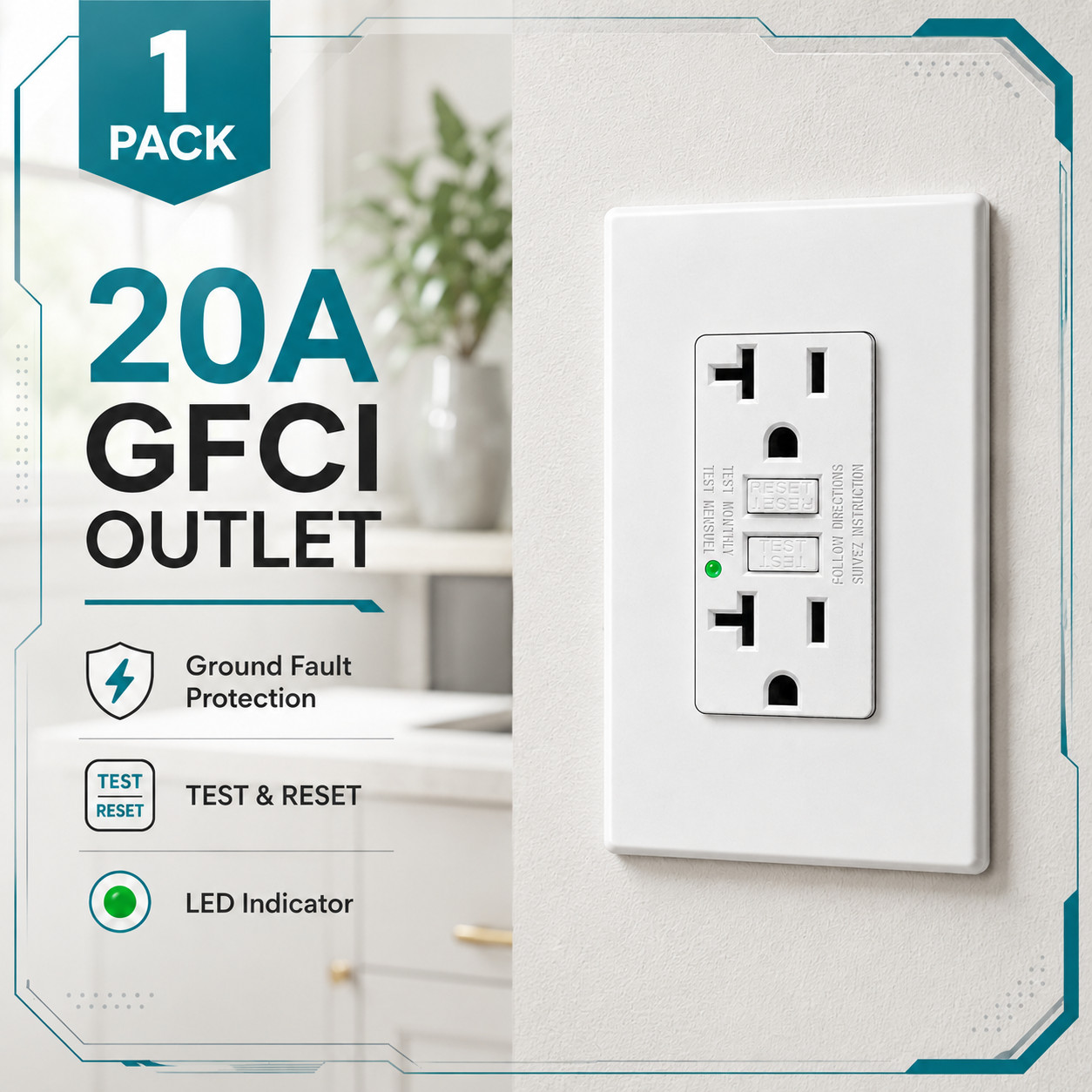 1PK 20A GFCI Outlet Non Tamper Resistant w/ LED Indicator Wall Plate ETL Listed