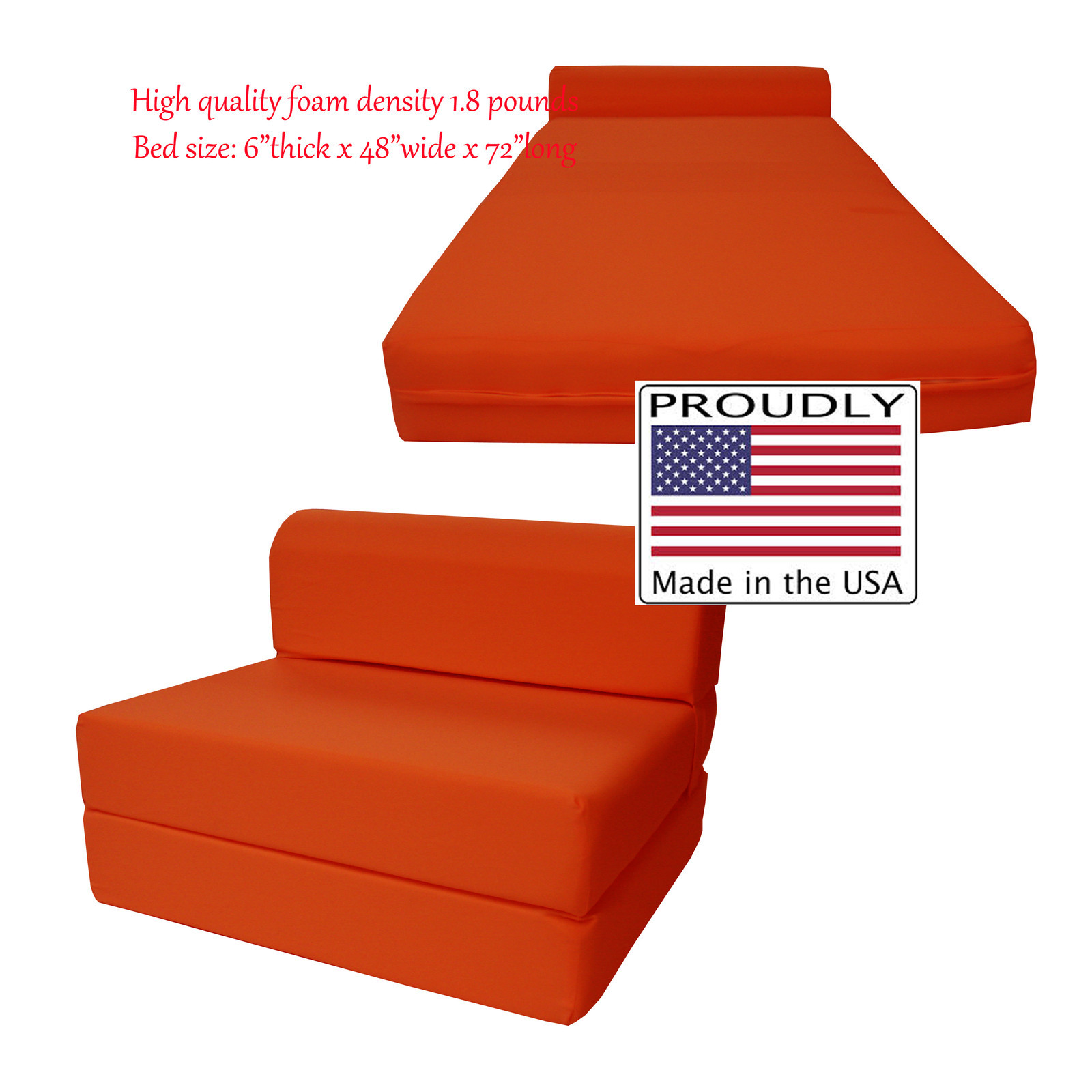 Sleeper Chair Folding Foam Beds Density 1.8 lbs, Full Size 6Hx48Wx72L, Orange