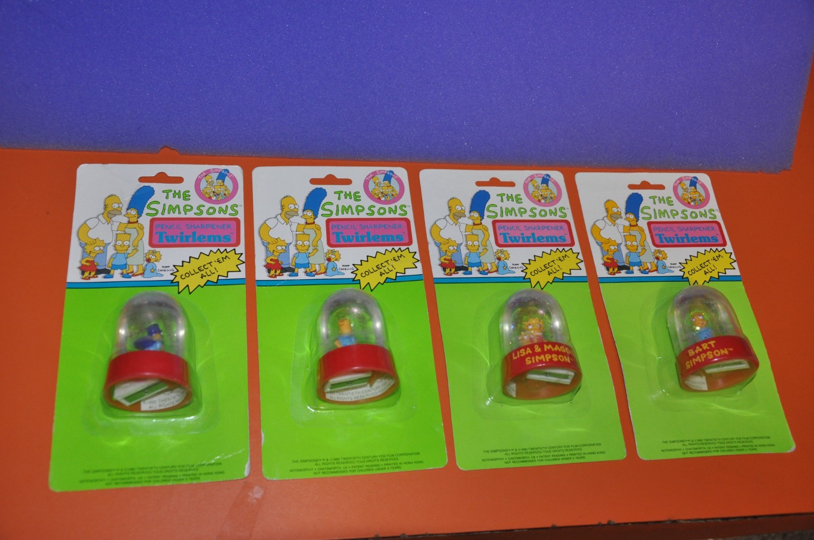 RARE 1990 SIMPSONS "TWIRLEMS" PENCIL SHARPENERS by NOTEWORTHY = SET of 5 (MOC)