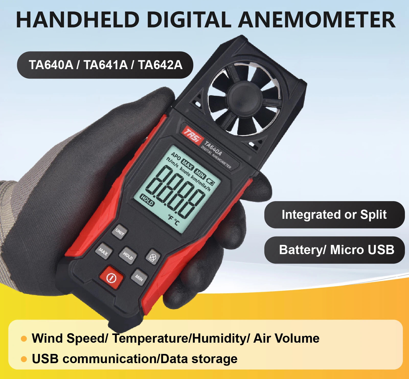 Digital Anemometer TA642 Wind Speed Meter HVAC Air Flow Tester CFM Data Logger