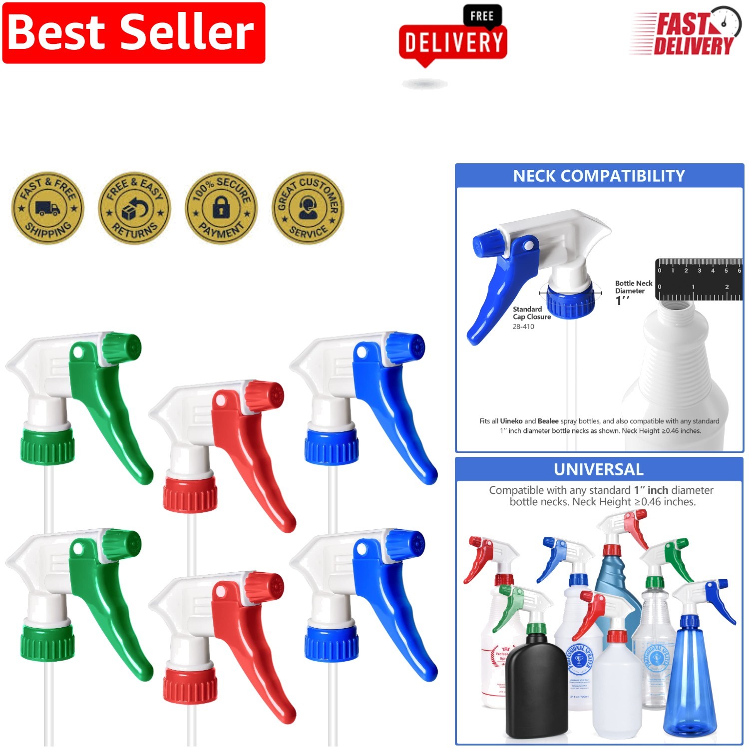 Effortless Spraying - 6 Pack Universal Nozzles with Comfortable Trigger Design