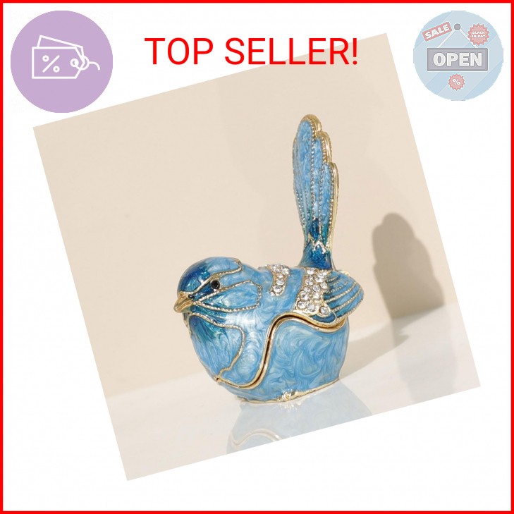 Exquisite Hand - Painted Enamel Blue Bird Trinket Box Hinged Rhinestone - Adorne