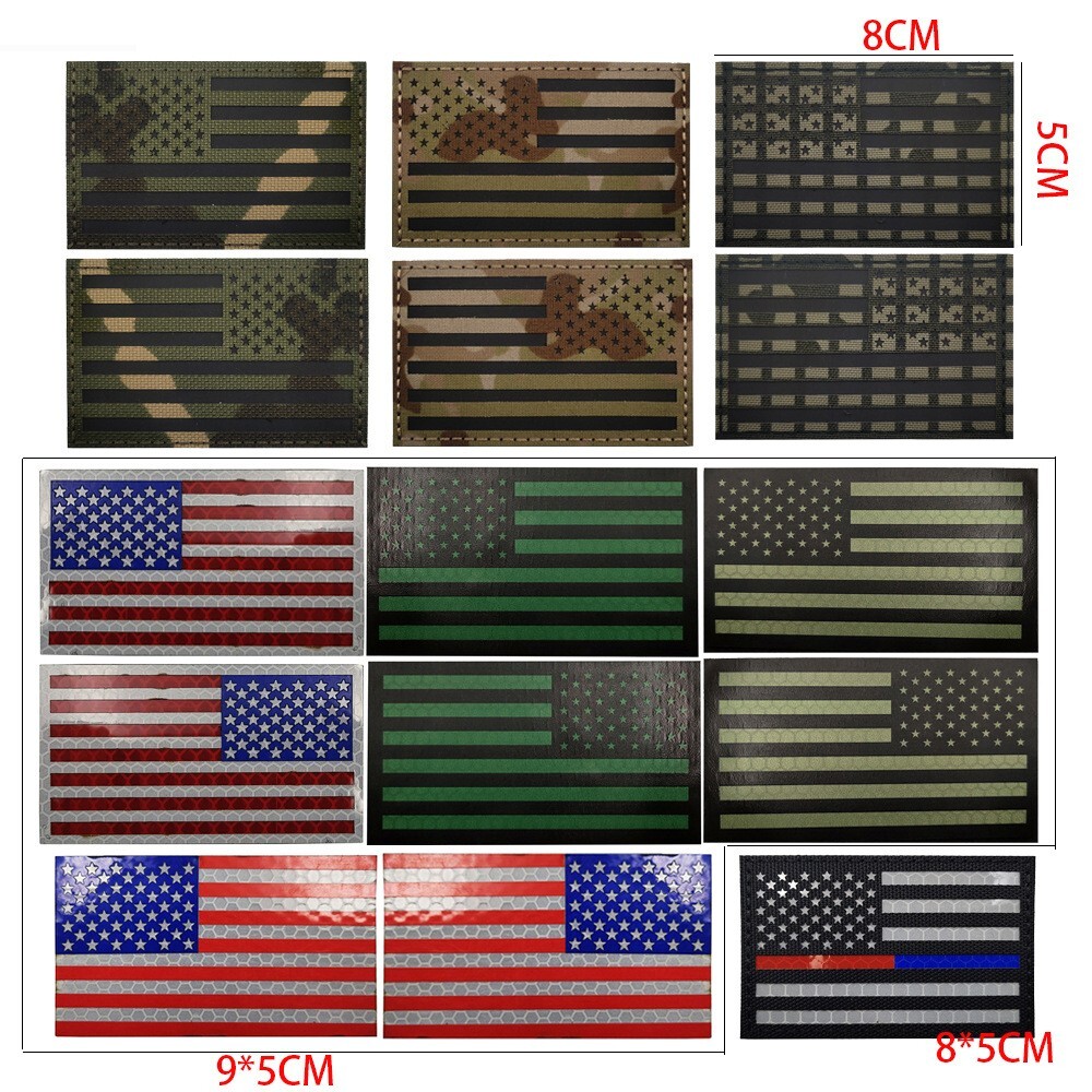 Reflective IR US AMERICAN FLAG REVERSE LEFT RIGHT SHOULDER HOOK 2 PATCHES DARK-