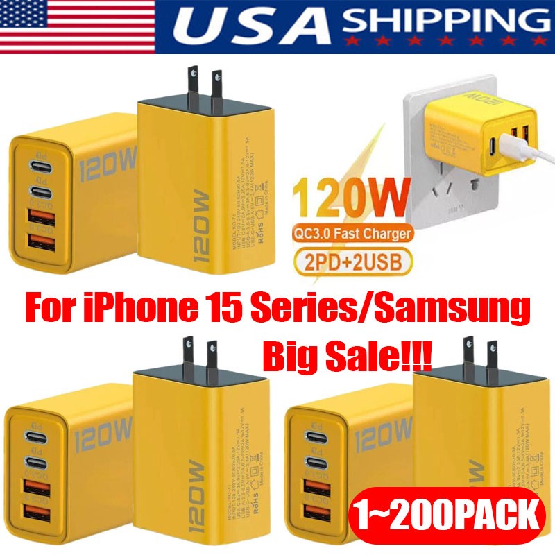 120W 4-Port USB C Fast Wall Charger Block All Cell Phone 17 15 16 11 X iPad LOT