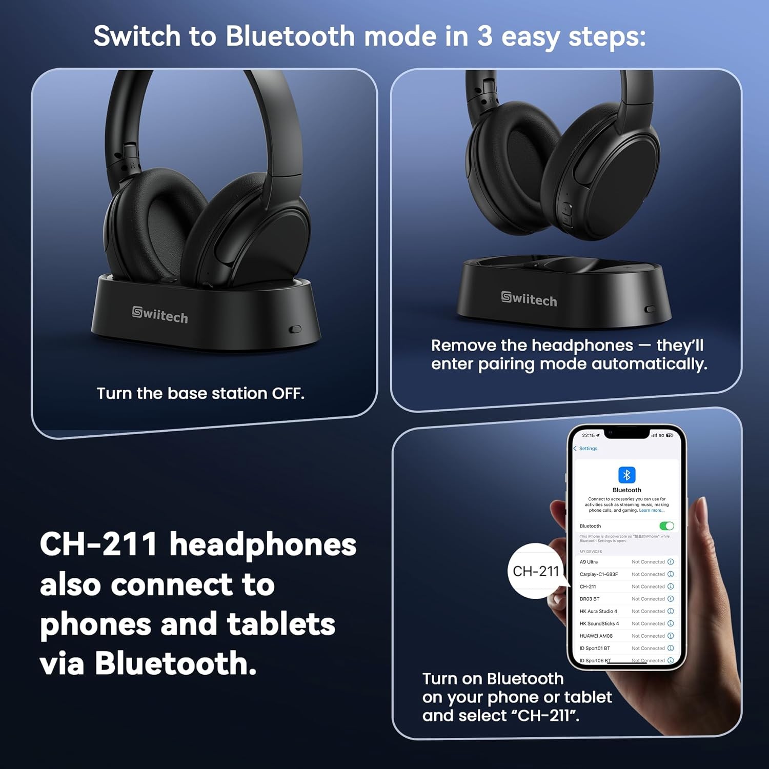 Swiitech Wireless Headphones for TV Transmitter Charging Base, Bluetooth