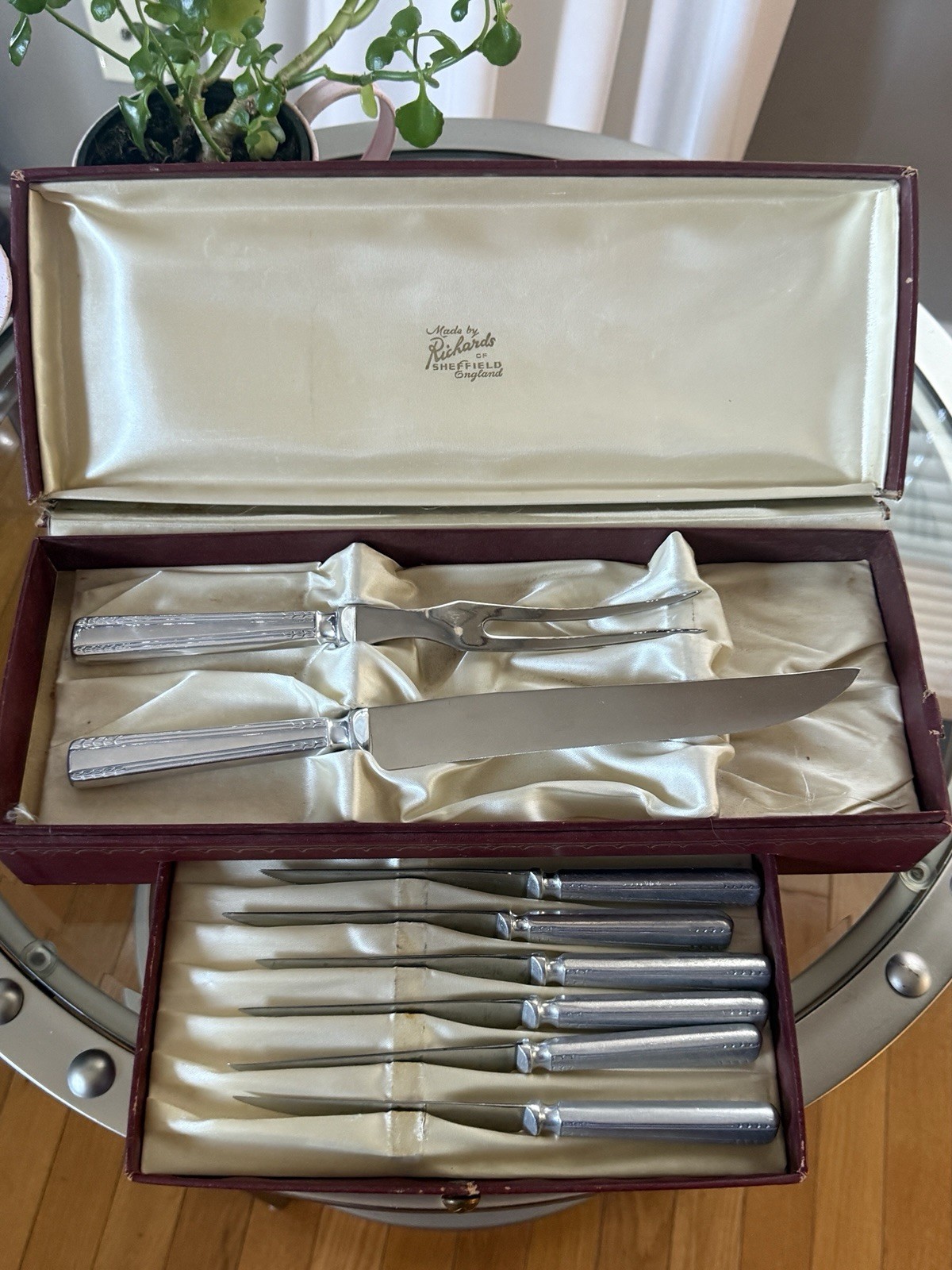Vintage Richards of Sheffield England Carving Set w/ 6 Steak Knives Boxed