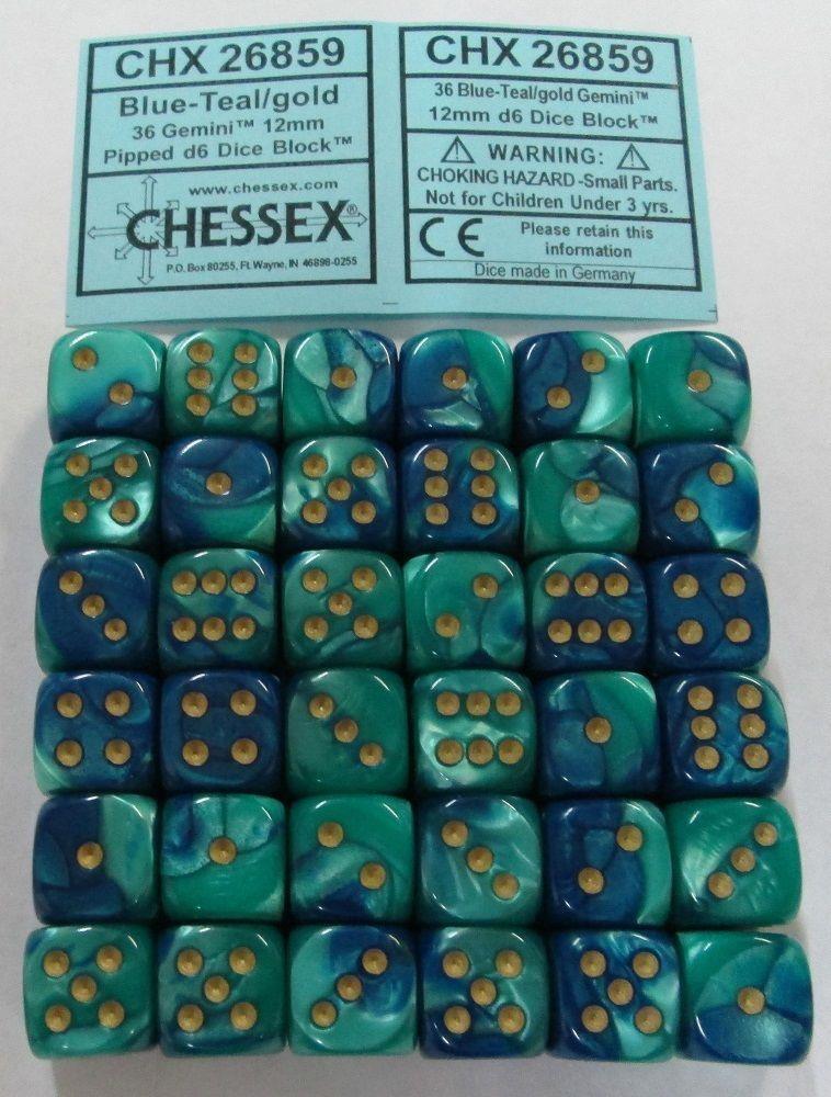 Chessex Dice d6 Sets: Gemini Blue / Teal W/ Gold 12mm Six Sided Die 36 CHX 26859