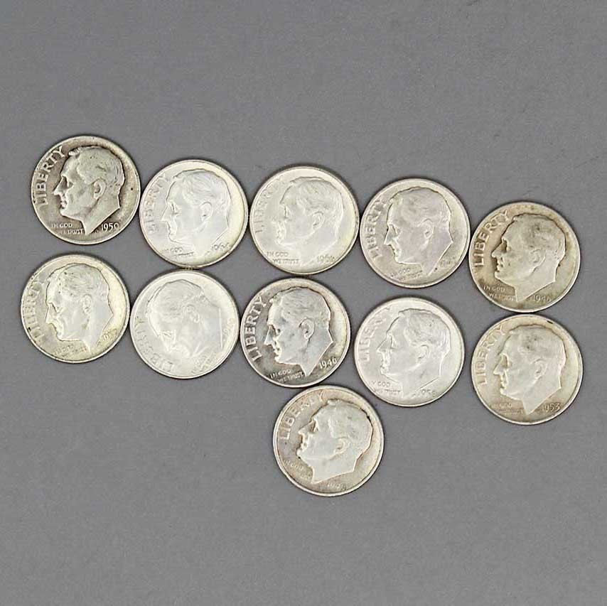 Group of Eleven Roosevelt Dimes 90% Silver . COIN700