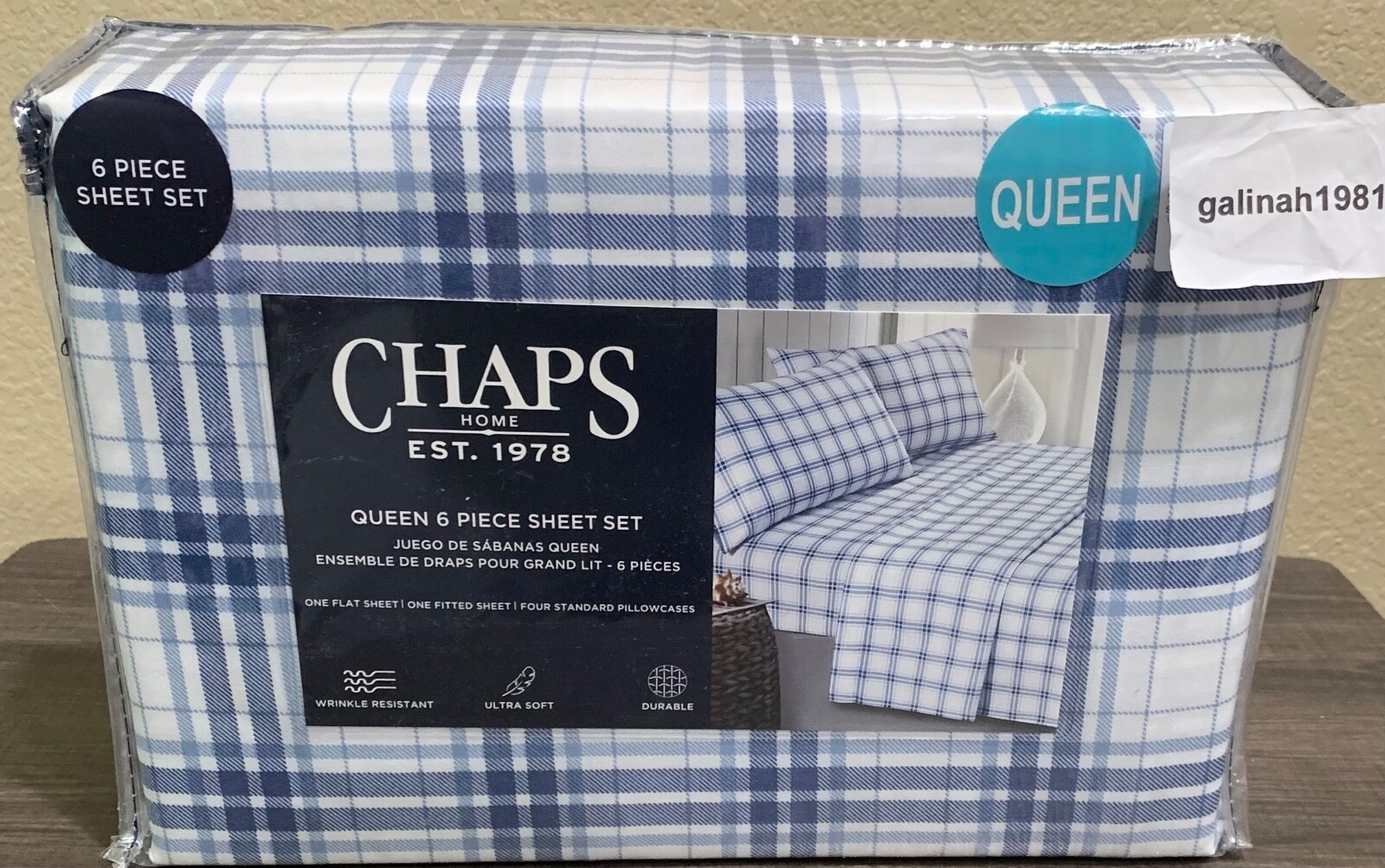 CHAPS by Ralph Lauren 6pc QUEEN Sheet Set with 4 Pillowcases White/Blue Plaid