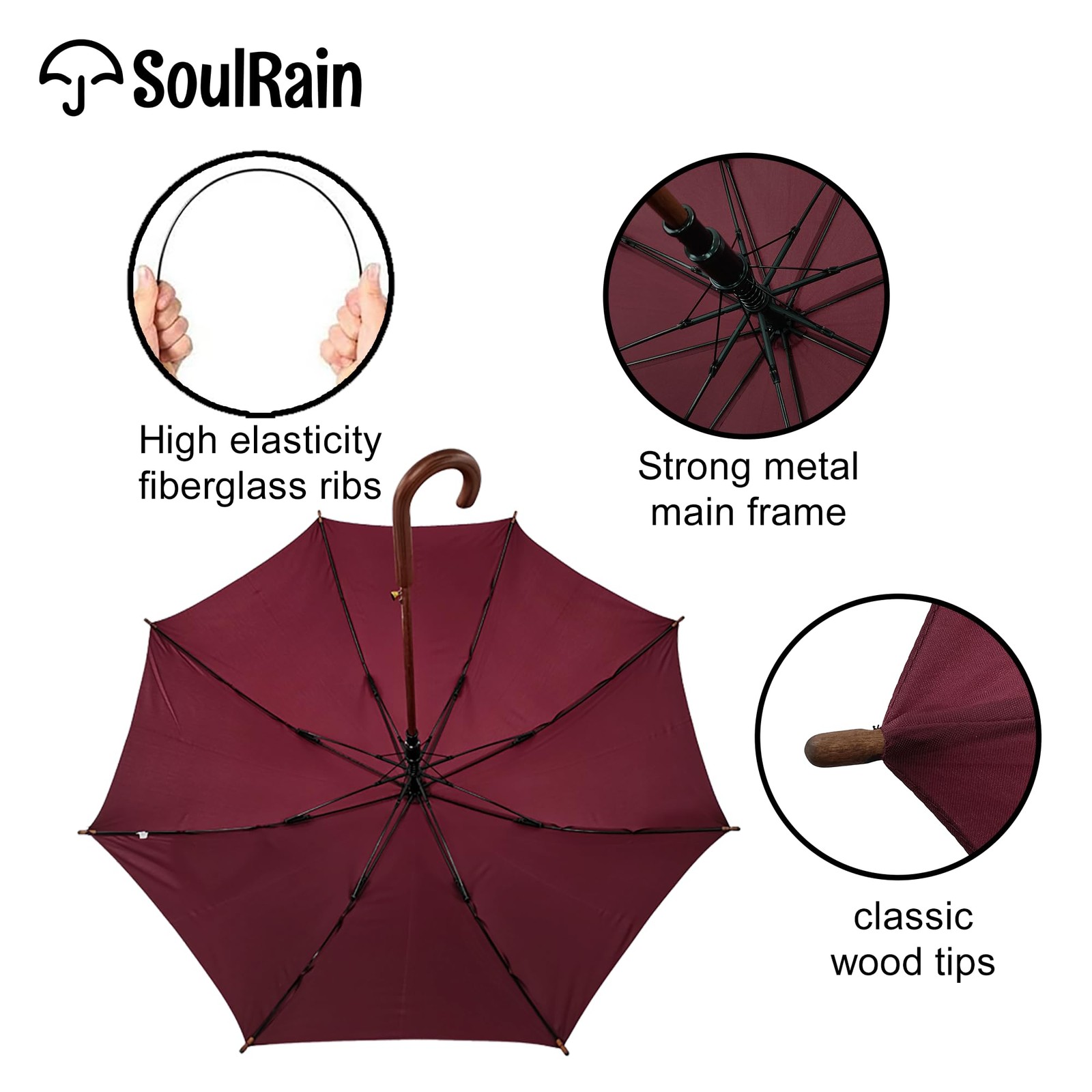 48" Umbrella Windproof Stick Umbrella for Rain, Automatic Open Wooden Handle