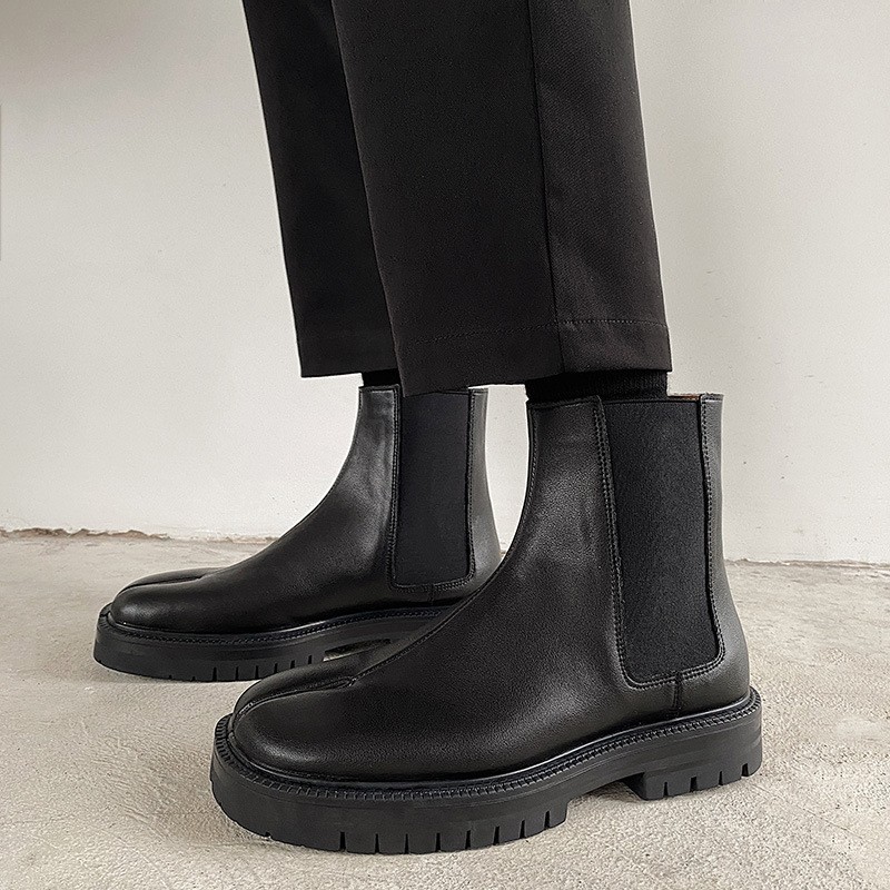 Split-Toe Chelsea Boots Genuine Leather High-Top Slip-On Ankle Boots Men Women