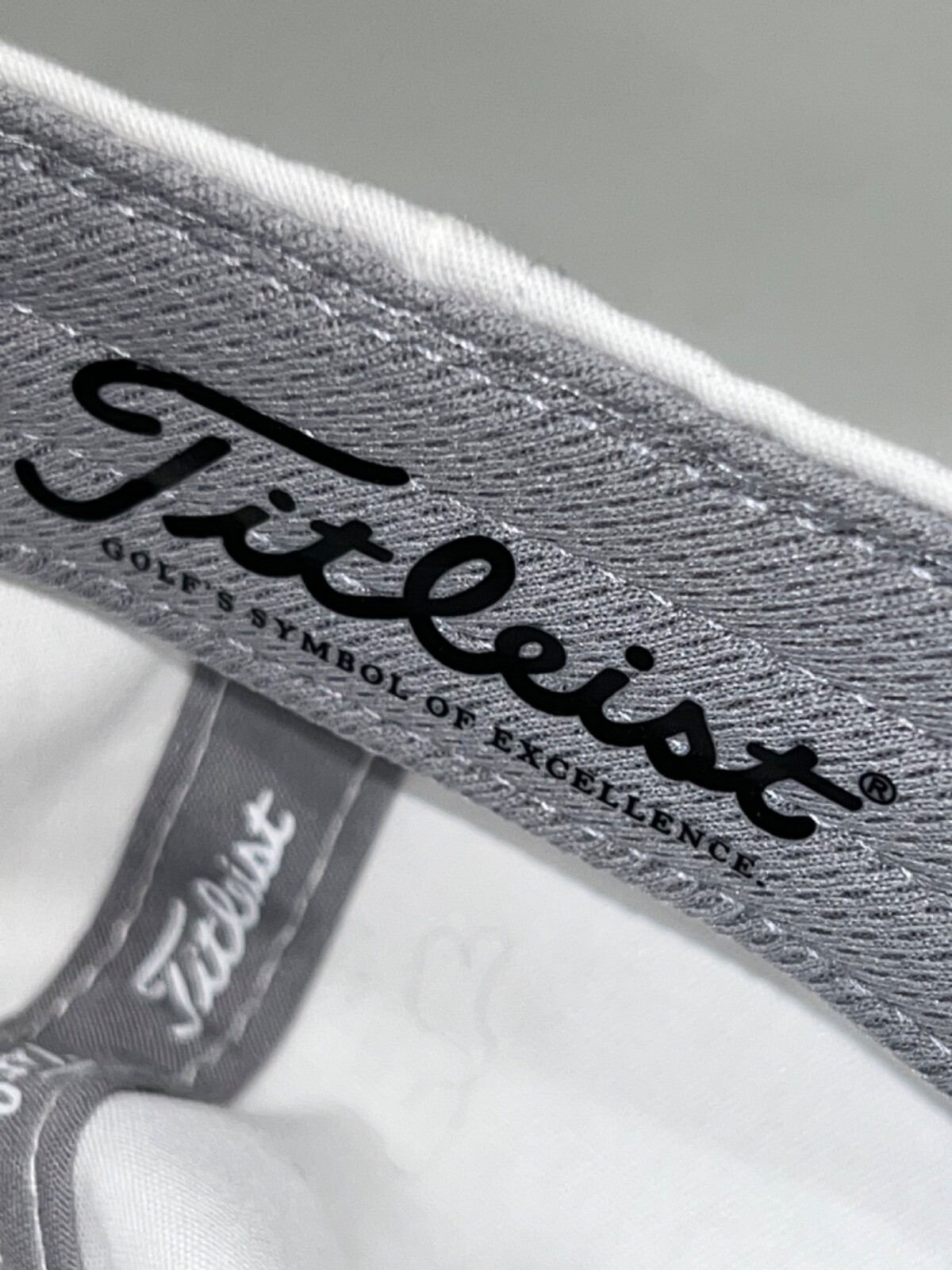 Titleist embroidered in Black on White on White Hat Cap Hook Loop Gray Band EUC