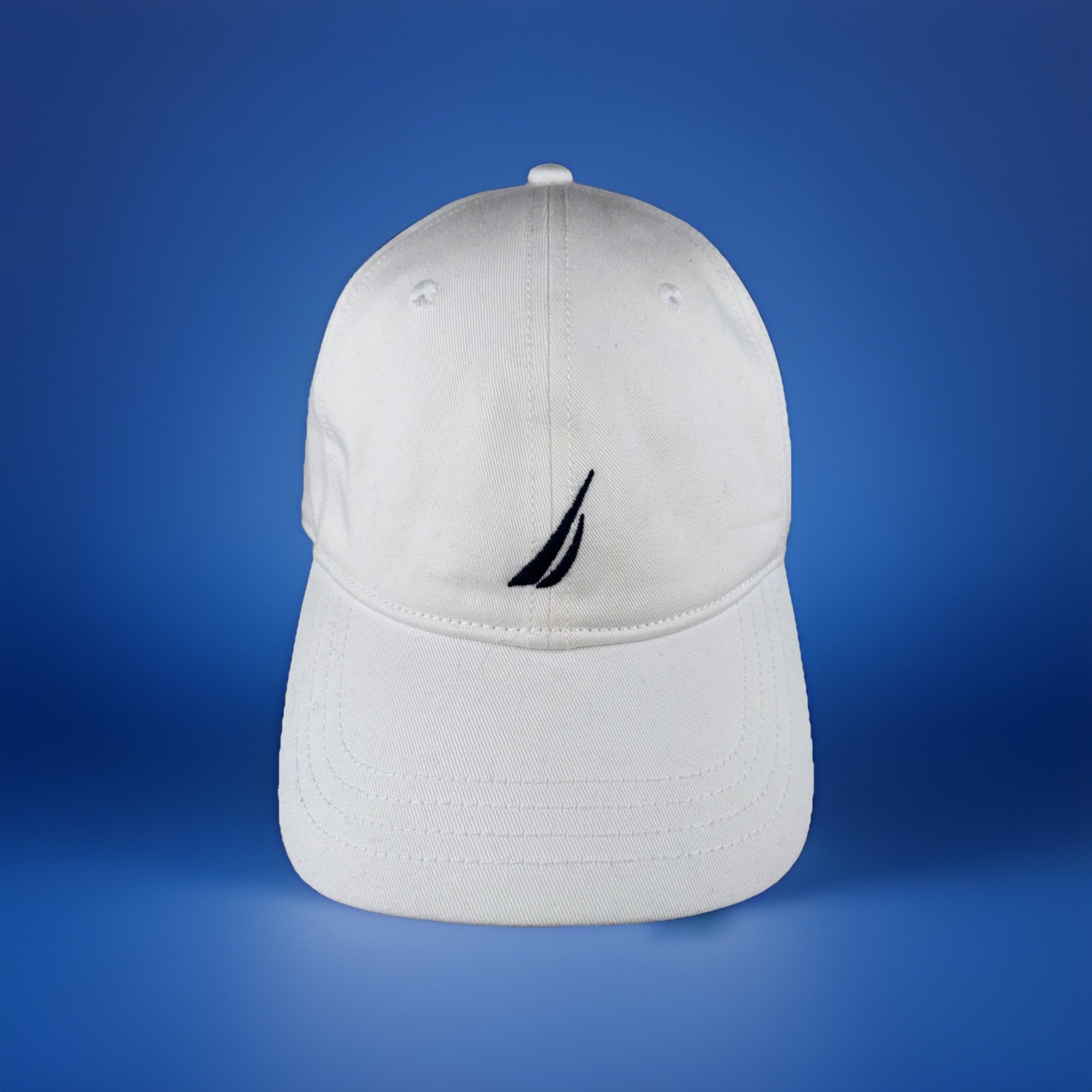 Nautical White Hat Cap w Navy Logo on Front Cotton Strap Buckle