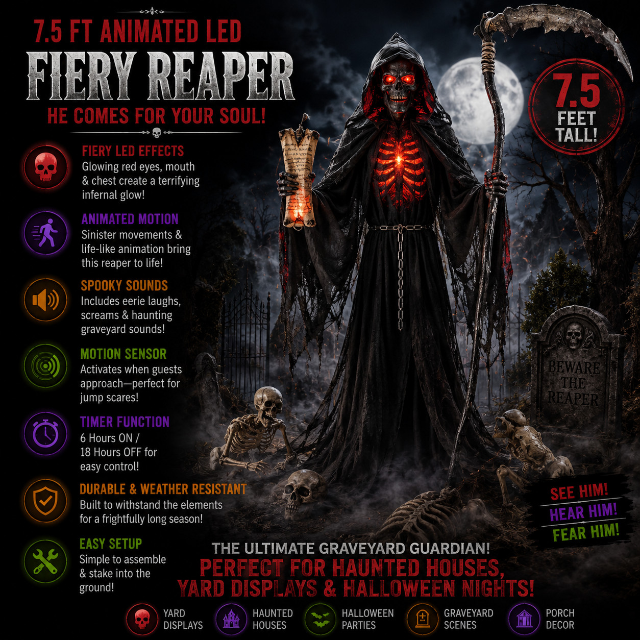 7.5 Ft Grave & Bones Animated LED Fiery Reaper Halloween Decor New
