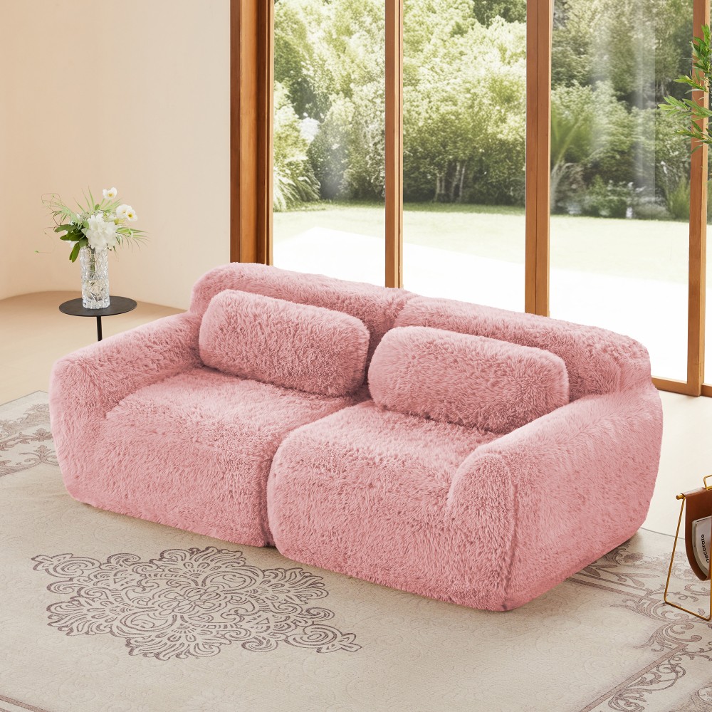 2-seater Sectional Couches Soft Fluffy Plush Fabric Bottom Anti-Slip Design Pink