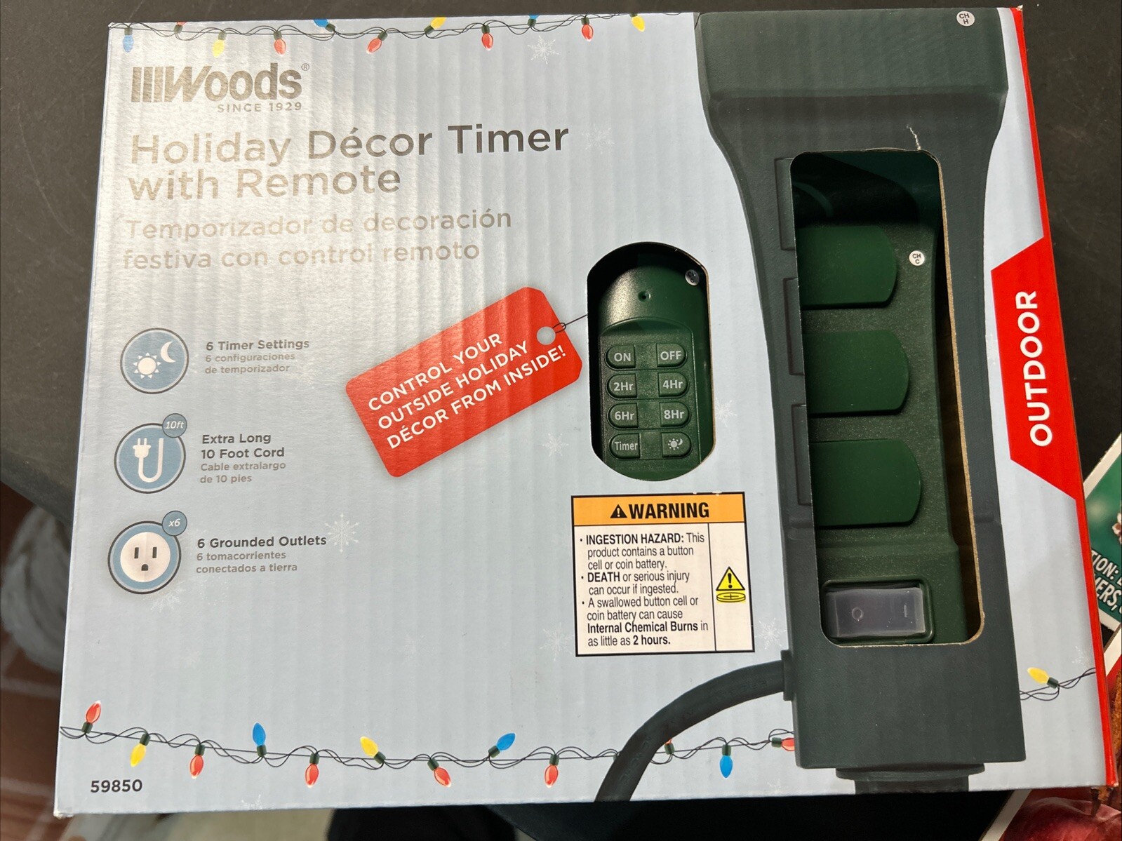 Woods 59850 Holiday Decor Timer Yard Stake & Remote, 10ft, 6 Grounded Outlets