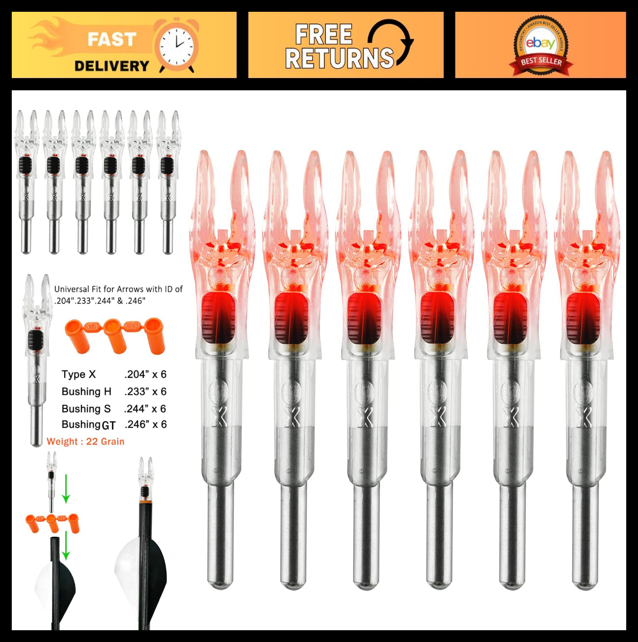 6PCS High-Visibility LED Lighted Nocks for Arrows .204 .233 .244 .246 ID, ON/OFF