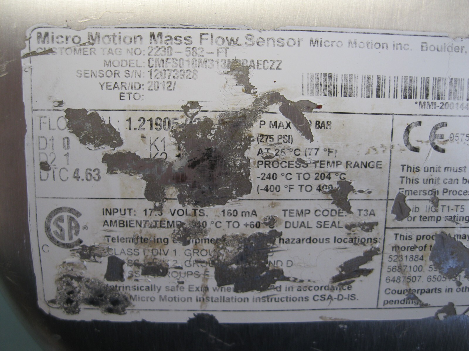 1/2" 150# Micro Motion CMFS010 Sensor 800 Enhanced Core Processor CALIBRATED F9