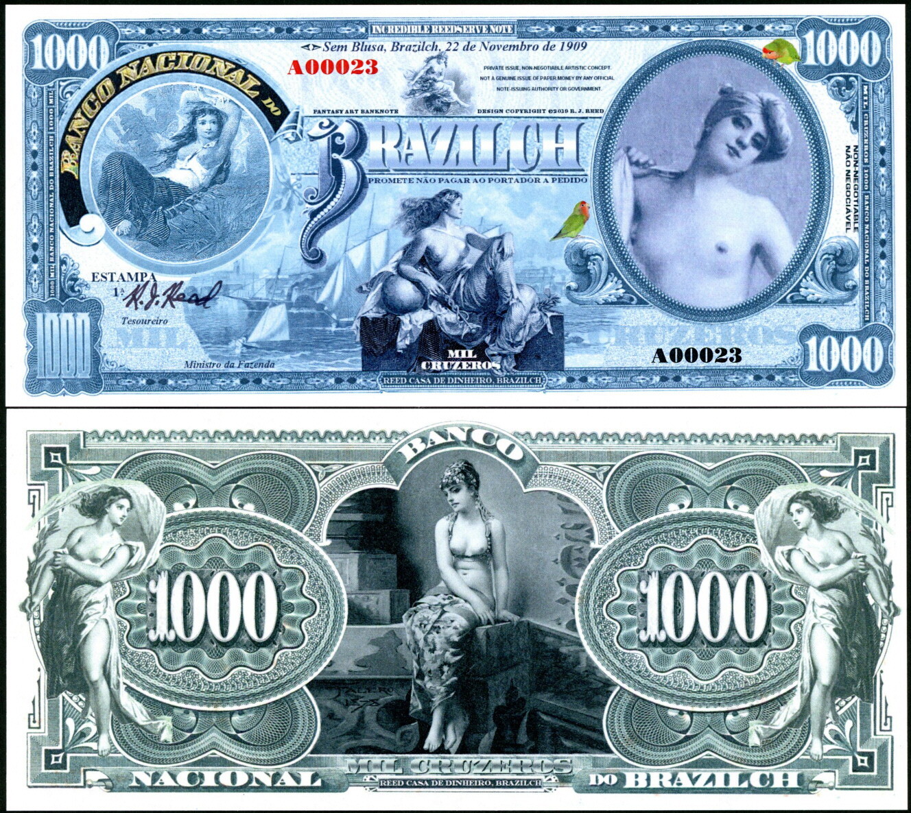BRAZILCH 1000 CRUZEROS PRIVATE ISSUE FANTASY ART NOTE BEAUTIFUL LADIES!