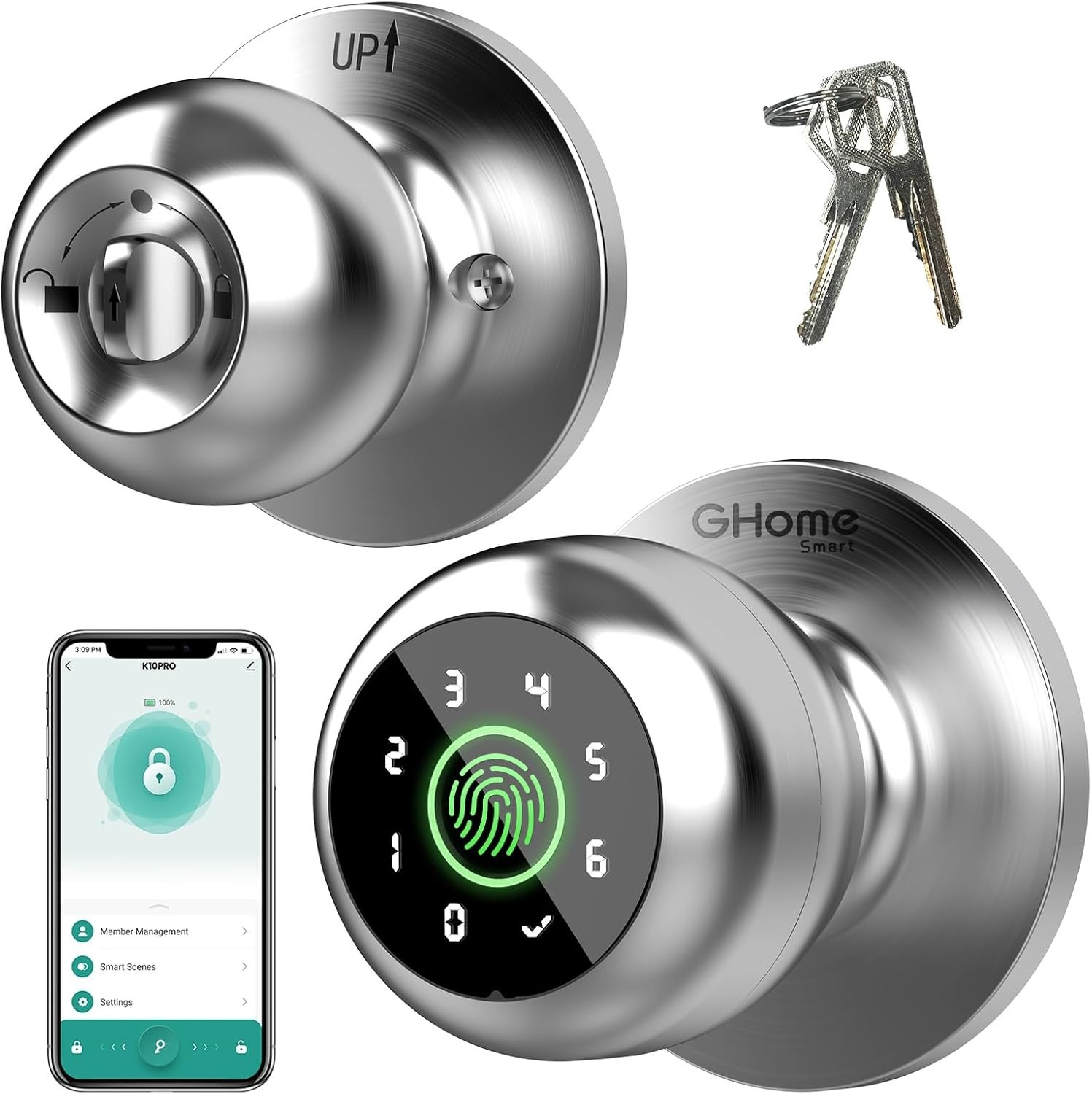 GHome Smart Fingerprint Door Lock, 4in1 Smart Fingerprint Door Knob with Keypad