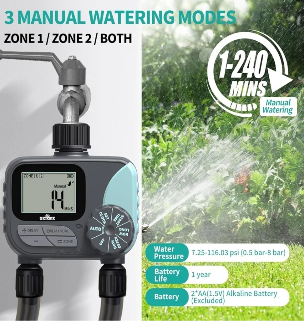 2 outlet Sprinkler Timer Water Timer, Programmable with rain delay Manual/Auto