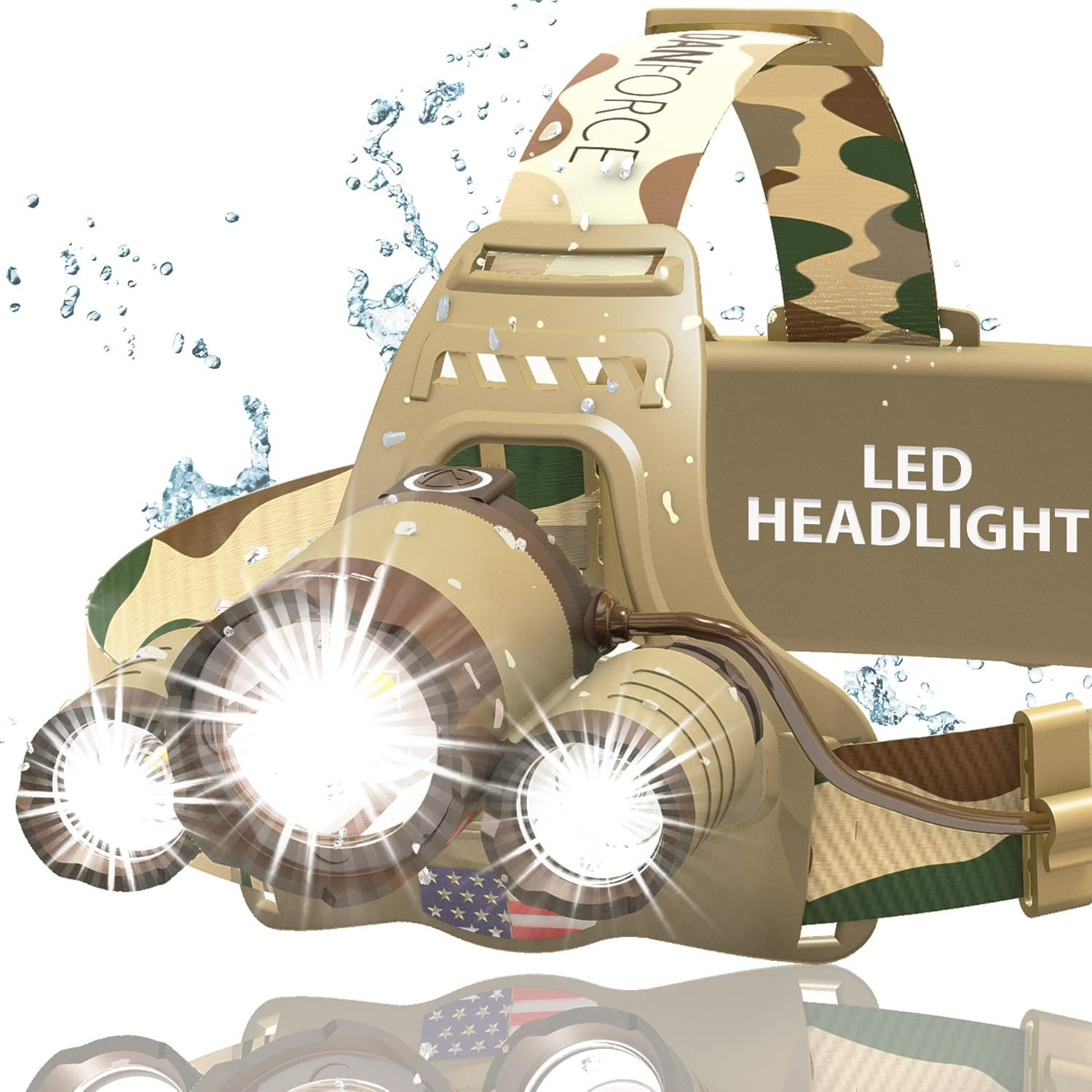 Camouflaged Headlamp Ultra Bright USB Rechargeable Head Lamp. Tactical Head Flas