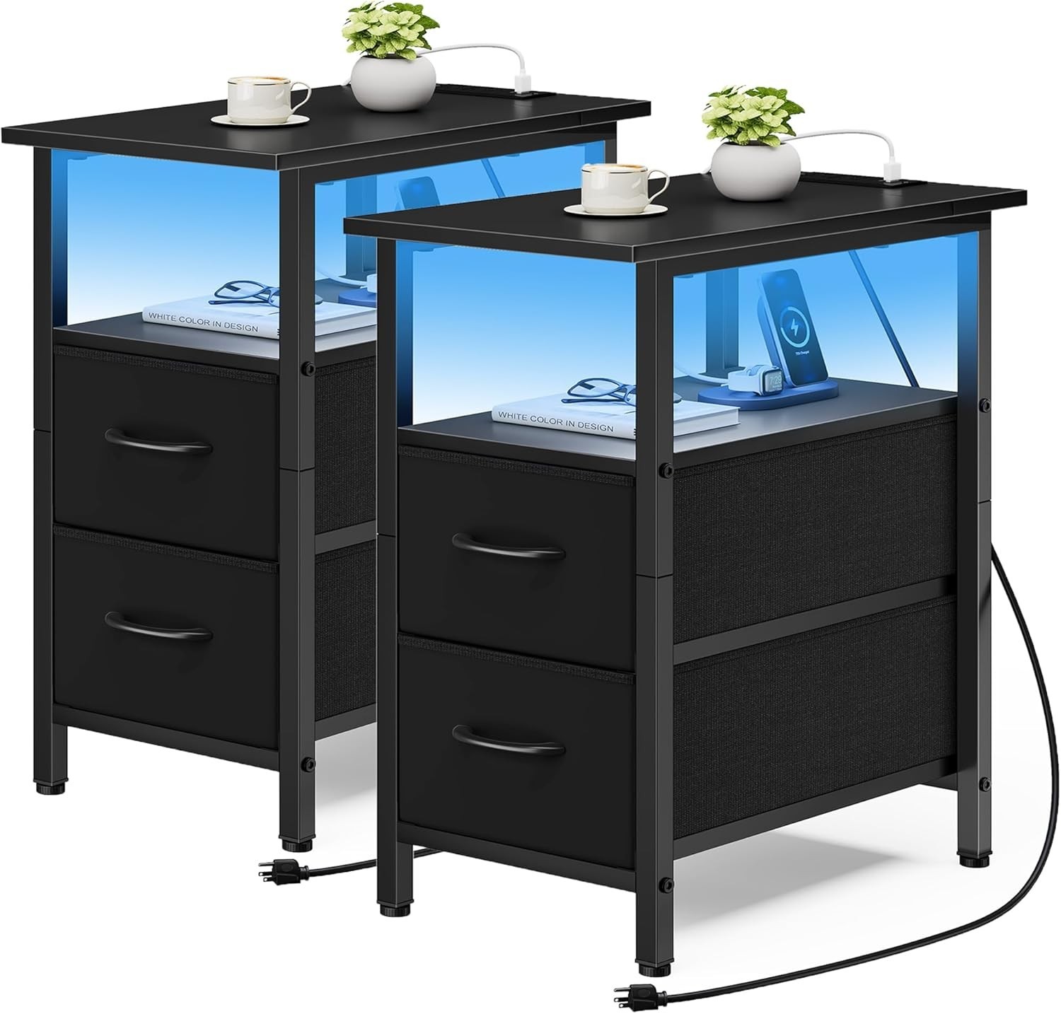 Set of 2 Black Nightstand W/ Charging Station & LED Lights Narrow Side Table LED