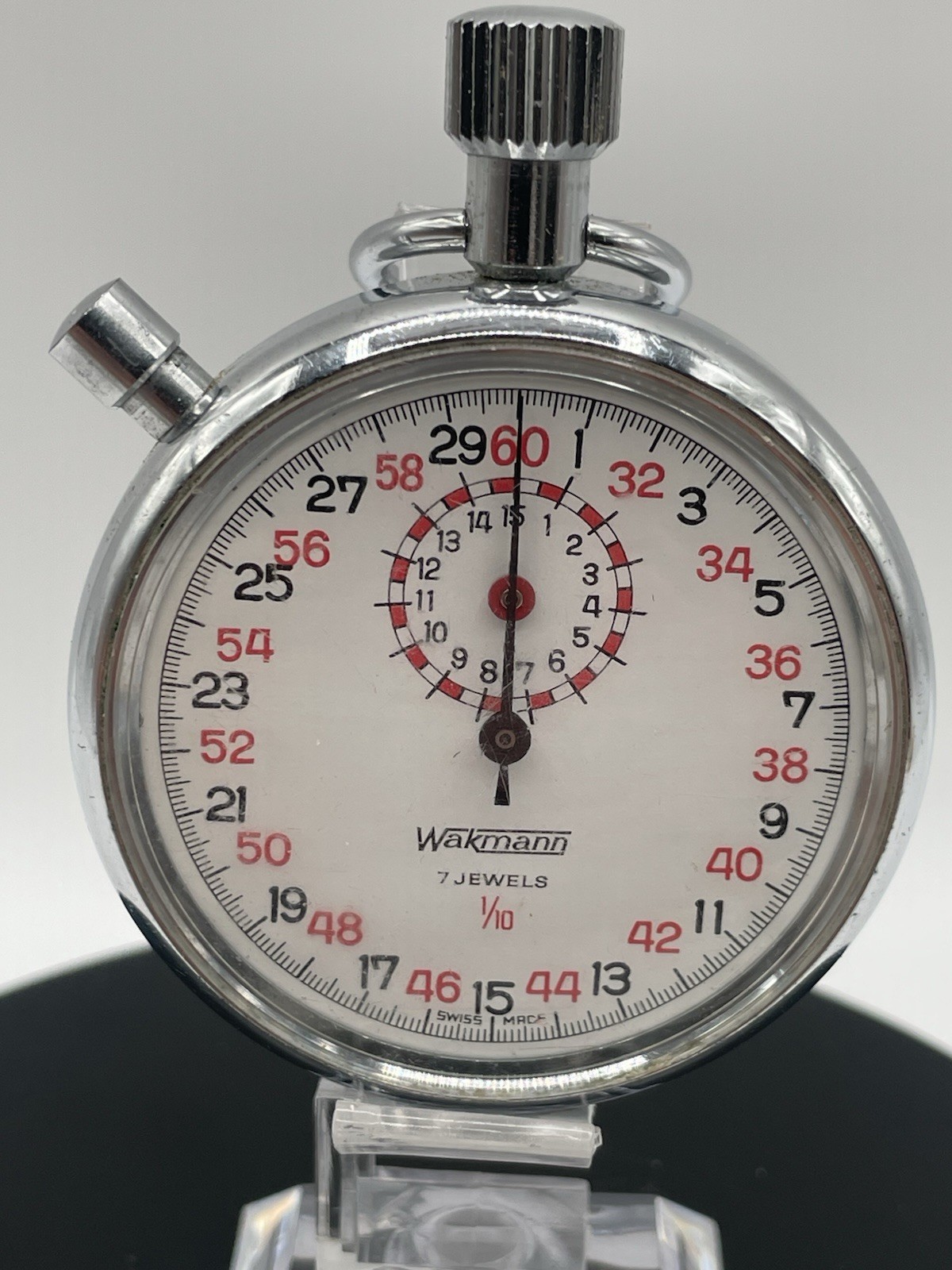 VINTAGE WAKMANN SWISS MADE 7 JEWEL 1/10 STOPWATCH - TESTED - WORKS!