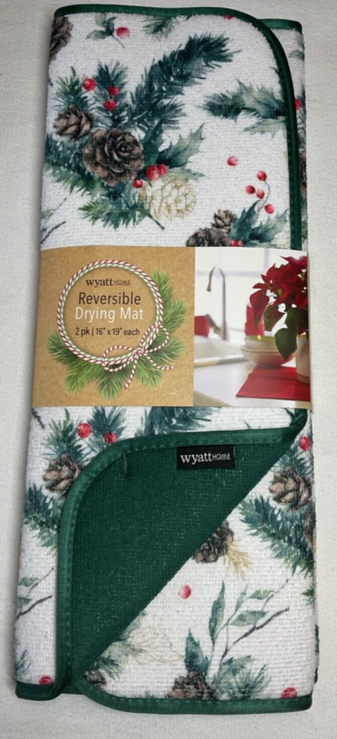 WYATT HOME REVERSIBLE DISH DRYING MATS (2) PINE CONES BERRIES 16 X 19 NIP