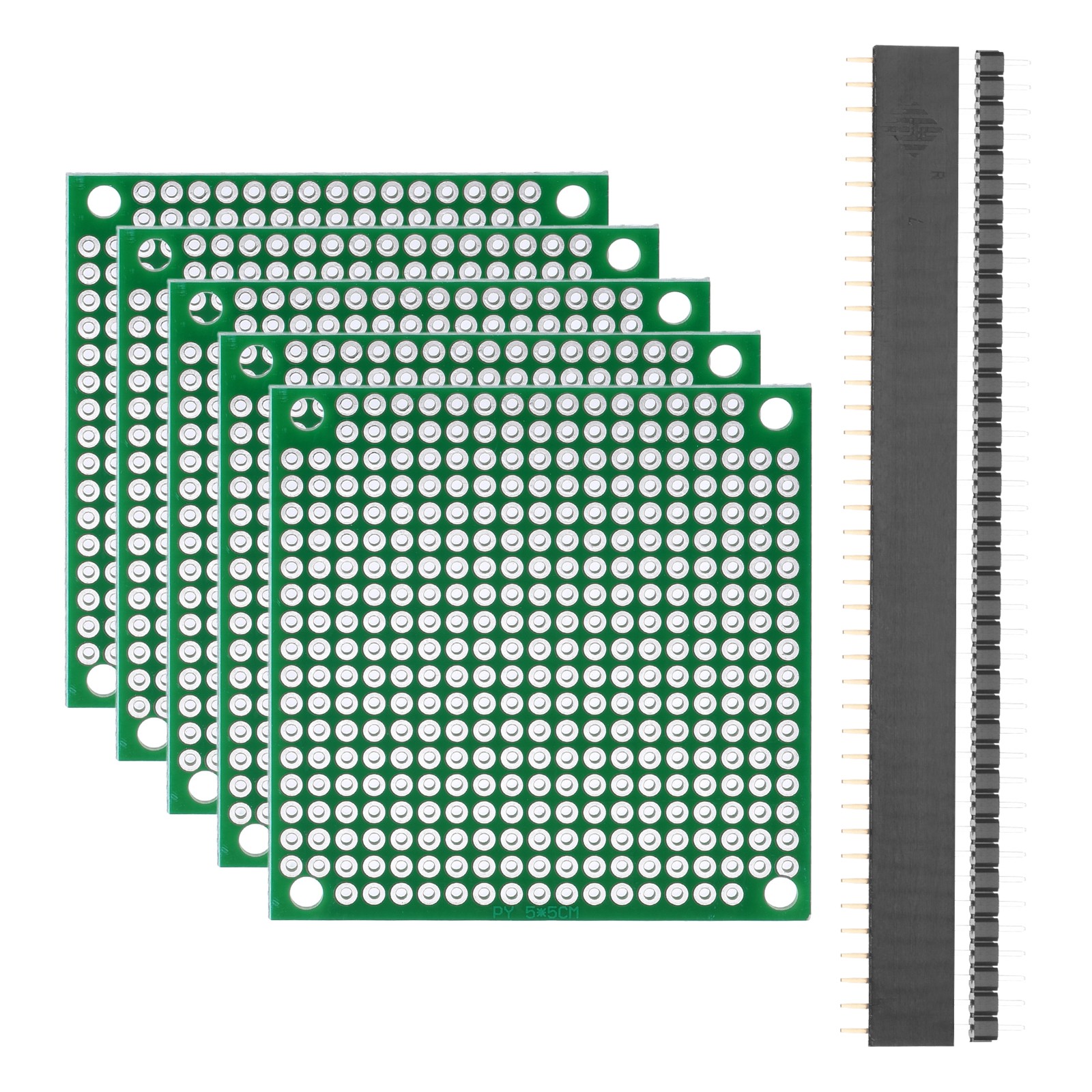 5Pcs 5x5cm PCB Board Kit 2.54mm Spacing 1.5mm Thick W 40-Pin Headers, Green