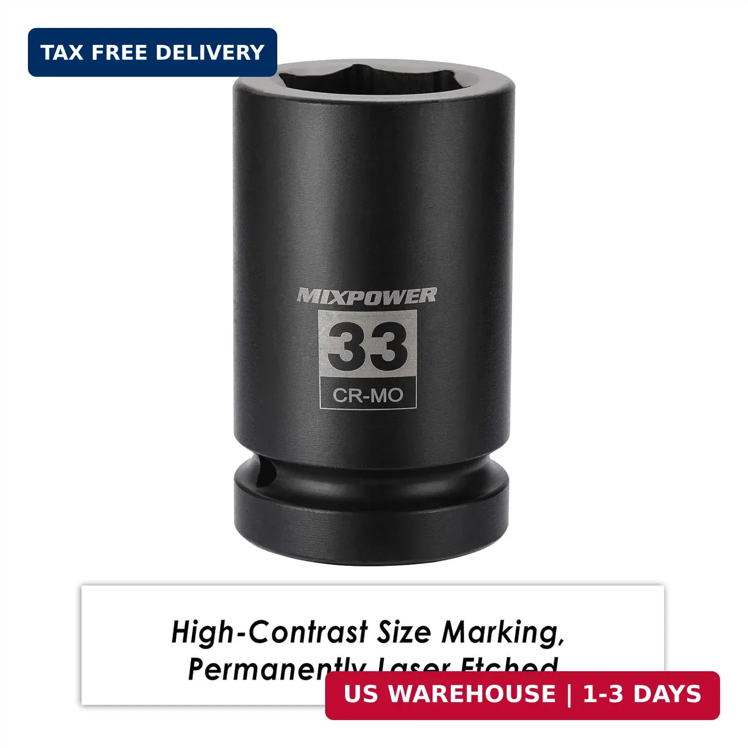 MIXPOWER 1 Inch Drive Deep Impact Socket, CR-MO, 33mm, 6 Point, Radius Corner De