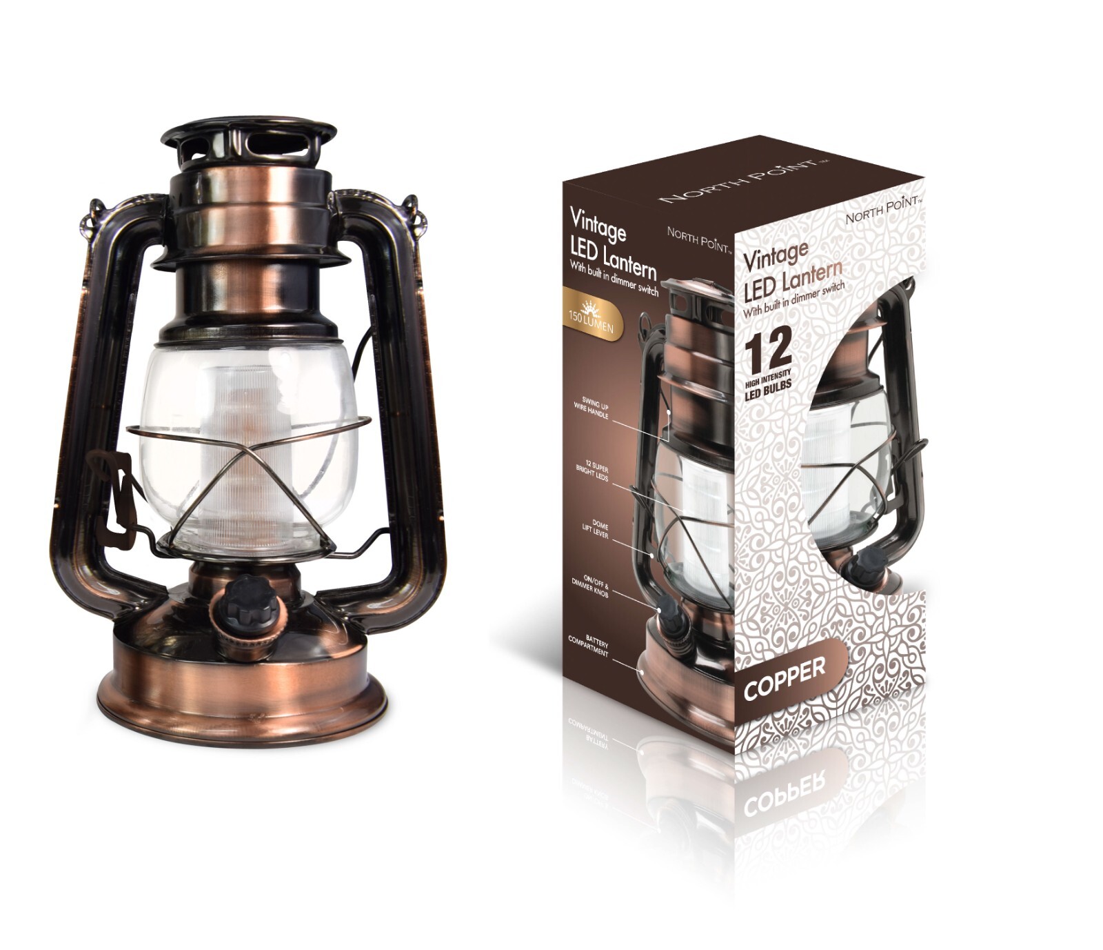 North Point Vintage Lantern with 12 leds  Copper, New In Box