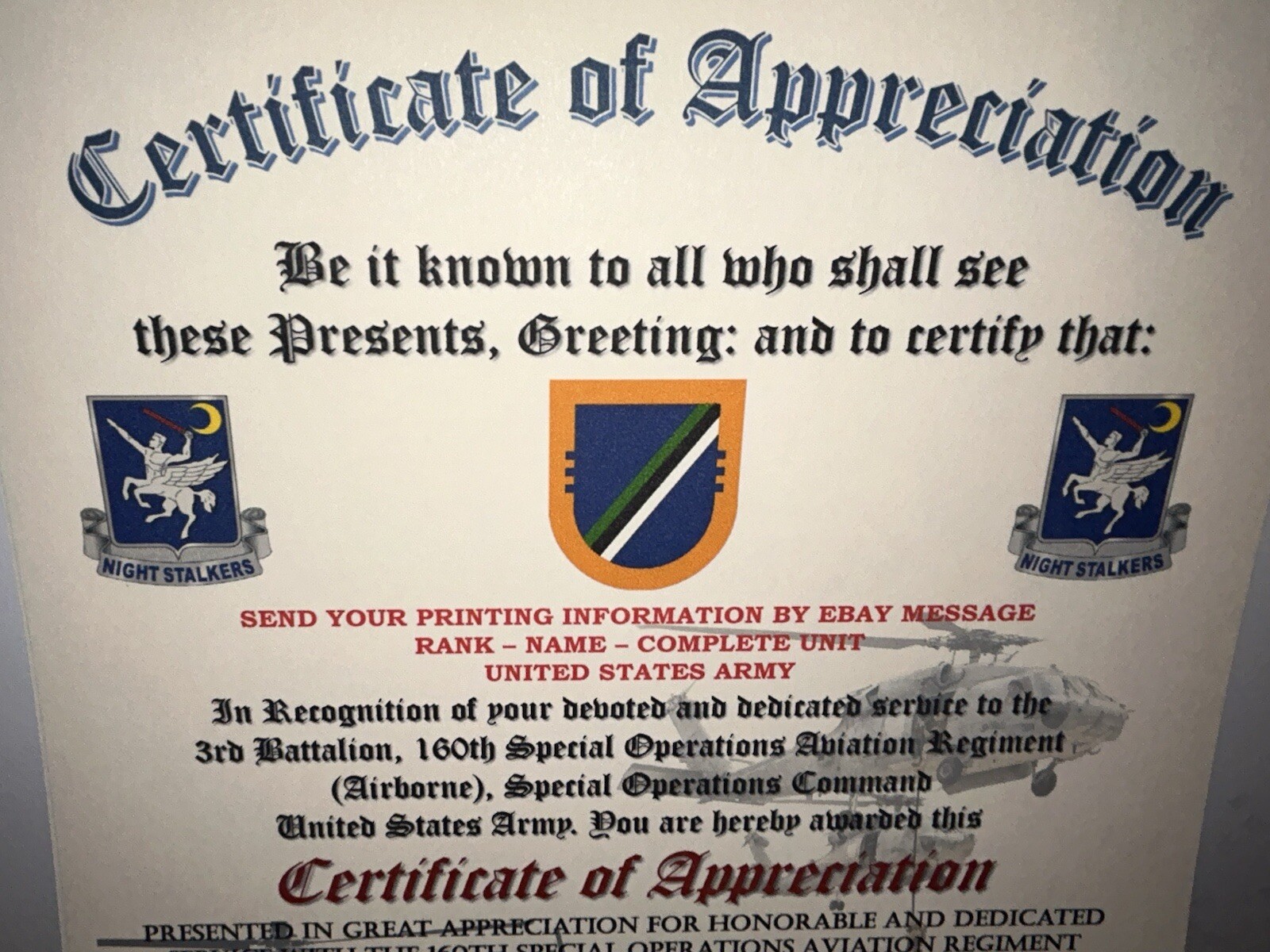 U.S. ARMY - 3RD BN / 160TH S.O.A.R. (AIRBORNE) CERTIFICATE OF APPRECIATION